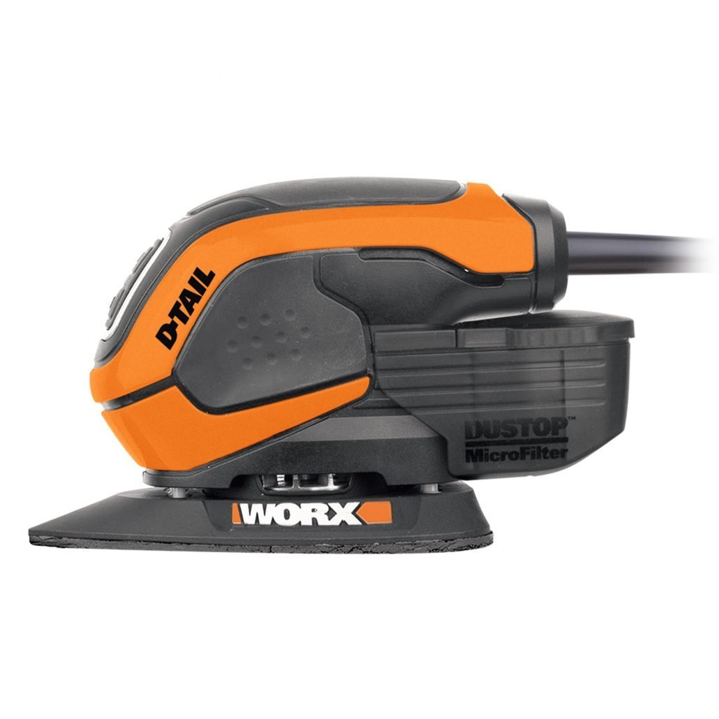 Una levigatrice Worx D-Tail arancione e nera su sfondo bianco. L'unità di raccolta della polvere è visibile.