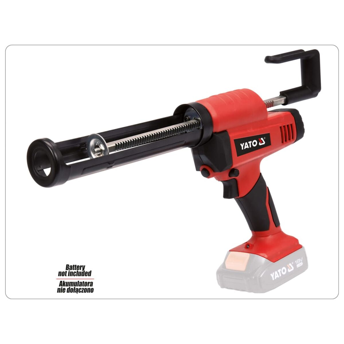 Pistola per silicone YATO rossa e nera, corpo rosso, impugnatura nera, con silhouette batteria.