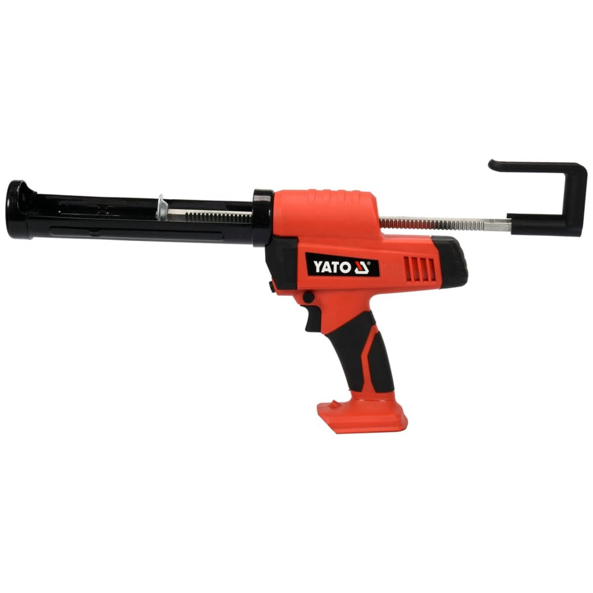 Pistola per silicone YATO rossa e nera, canna nera, impugnatura nera e corpo rosso.