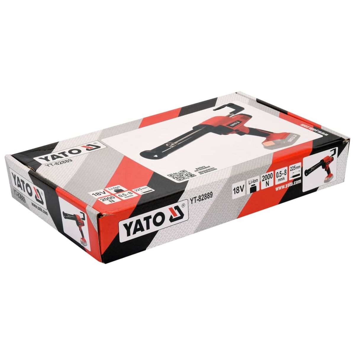 Scatola YATO con immagine di pistola per silicone. Schema colori rosso, nero e bianco. Dettagli prodotto visibili.