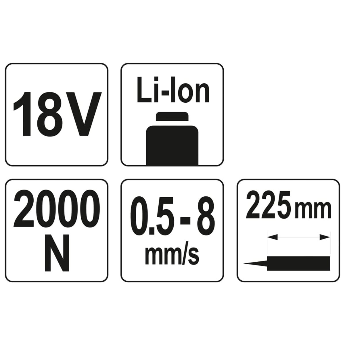 Sfondo bianco con icone: 18V, batteria agli ioni di litio, 2000 N, 0,5-8 mm/s e misura 225 mm.