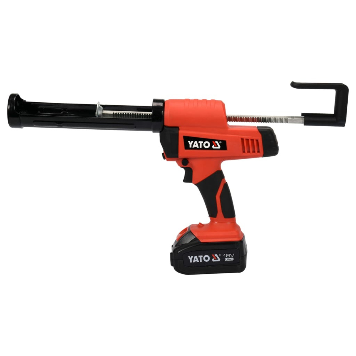 Una pistola per silicone YATO rossa e nera con batteria da 18V su sfondo bianco.