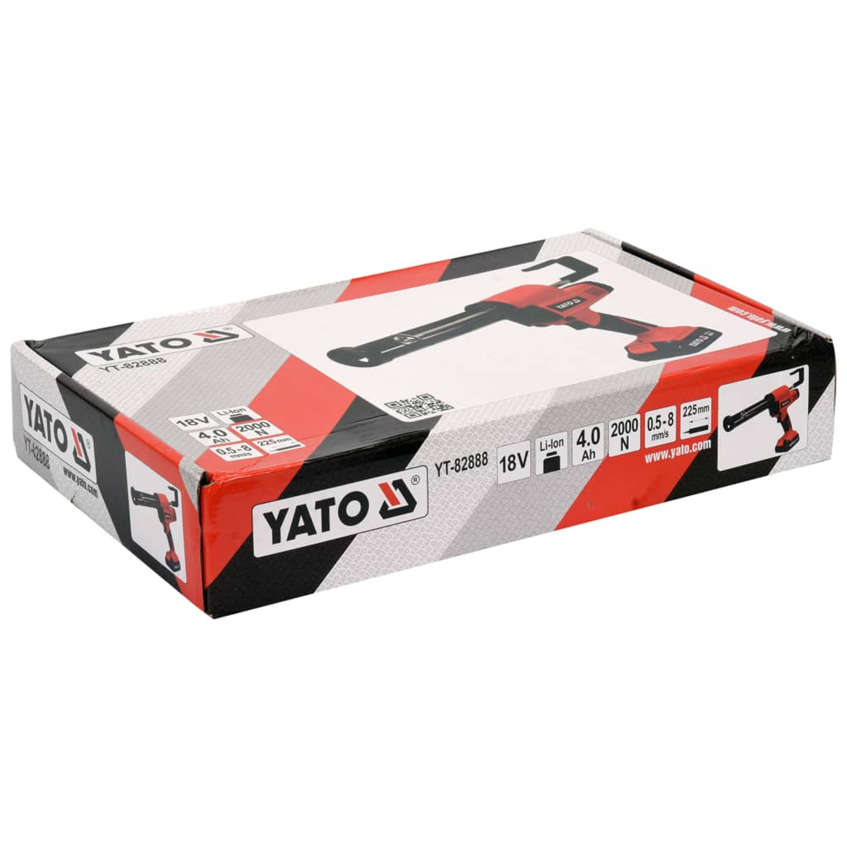 Scatola con logo YATO e illustrazione di una pistola per silicone senza fili su sfondo bianco.