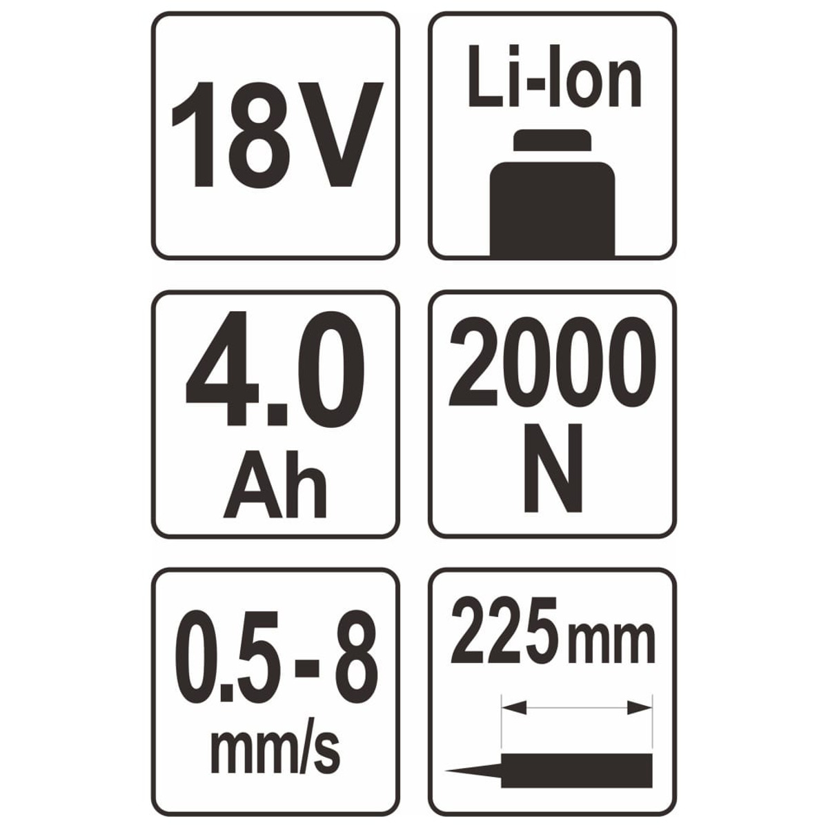 Sfondo bianco con sei icone rettangolari che mostrano specifiche tecniche, testo nero.