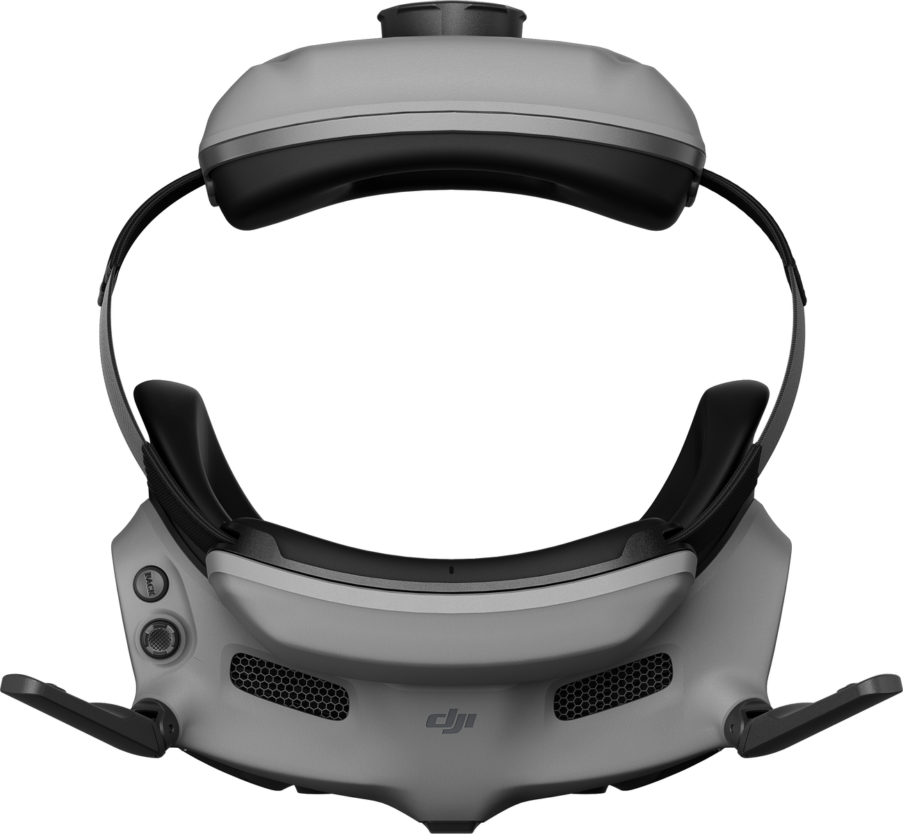Visore VR grigio, vista frontale, con imbottitura nera, antenne e logo DJI. Sfondo bianco.