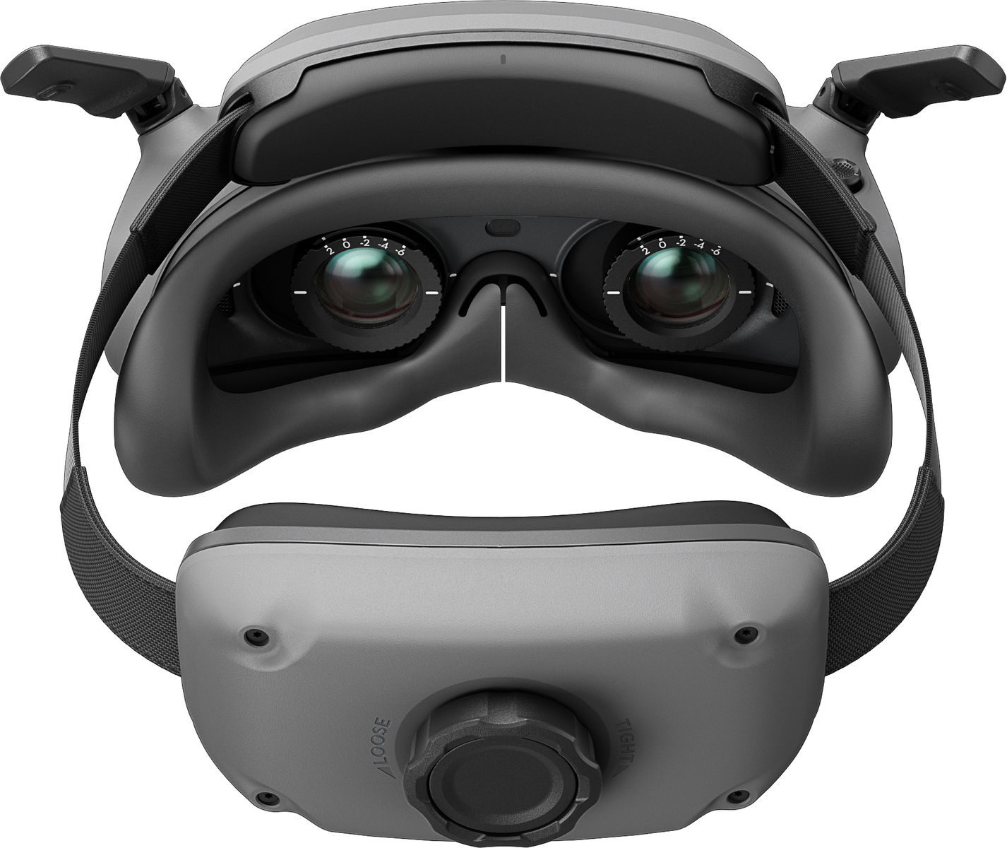Visore VR, vista frontale, con lenti visibili. Design grigio e nero. Sfondo bianco.