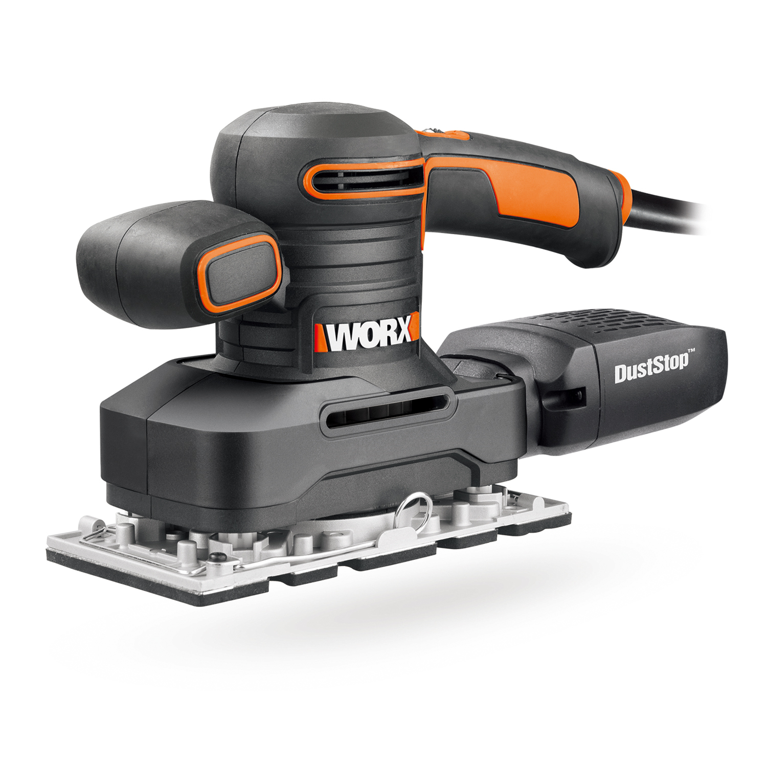 Czarno-pomarańczowa szlifierka WORX z funkcją 'DustStop' na białym tle.