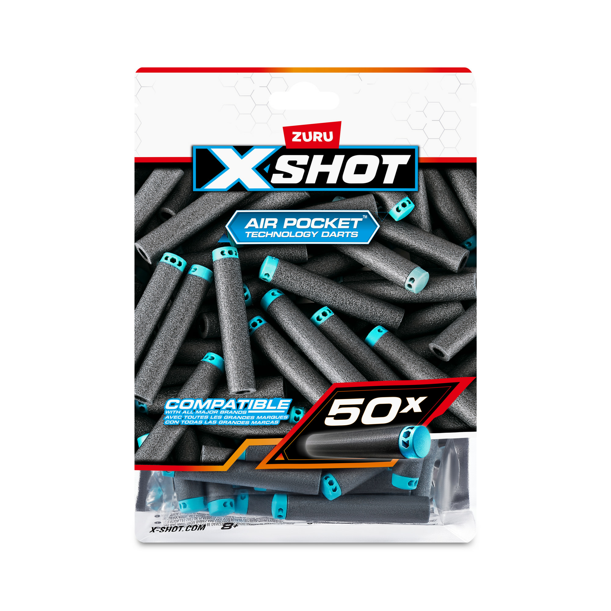 Paket mit schwarzen und blauen Spielzeugpfeilen mit dem Markennamen X-Shot.