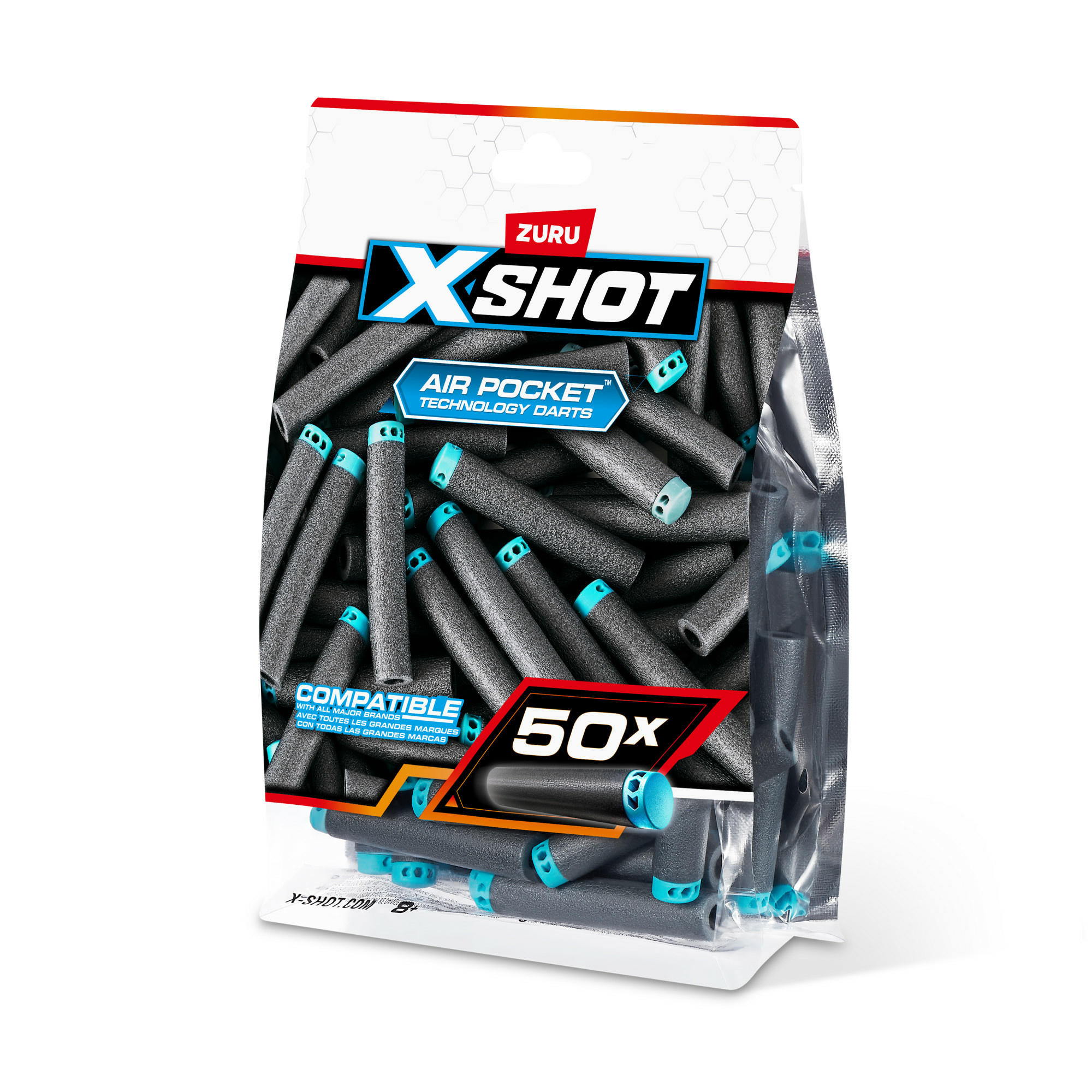 Eine transparente Plastiktüte mit X-Shot Air Pocket Technologie Darts in Grau mit türkisfarbenen Spitzen, beschriftet mit 50X.