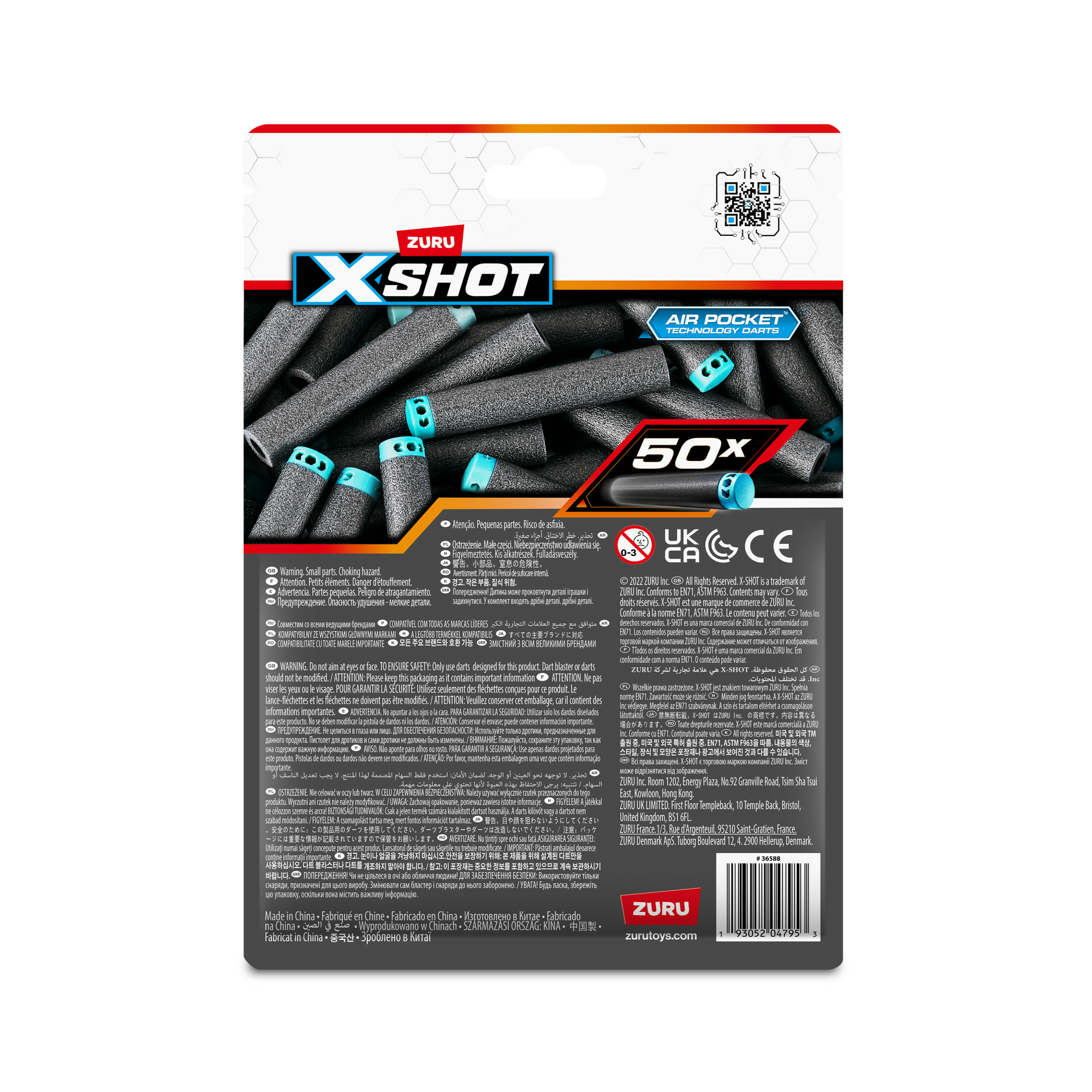 Eine Packung X-Shot Schaumstoff-Darts, mit Text und Anweisungen auf der Rückseite.