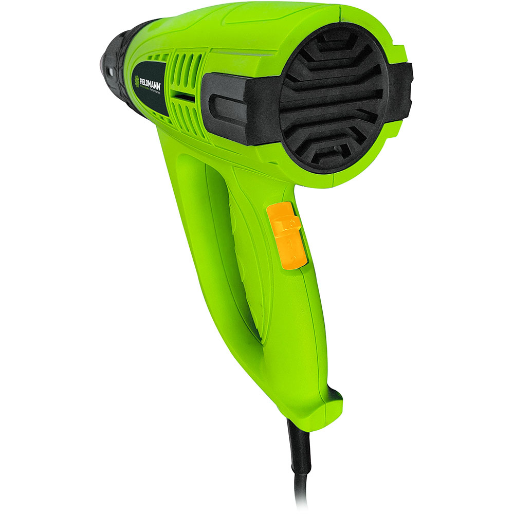 Pistola termica verde con ugello e impugnatura neri e pulsante giallo. Cavo nero.