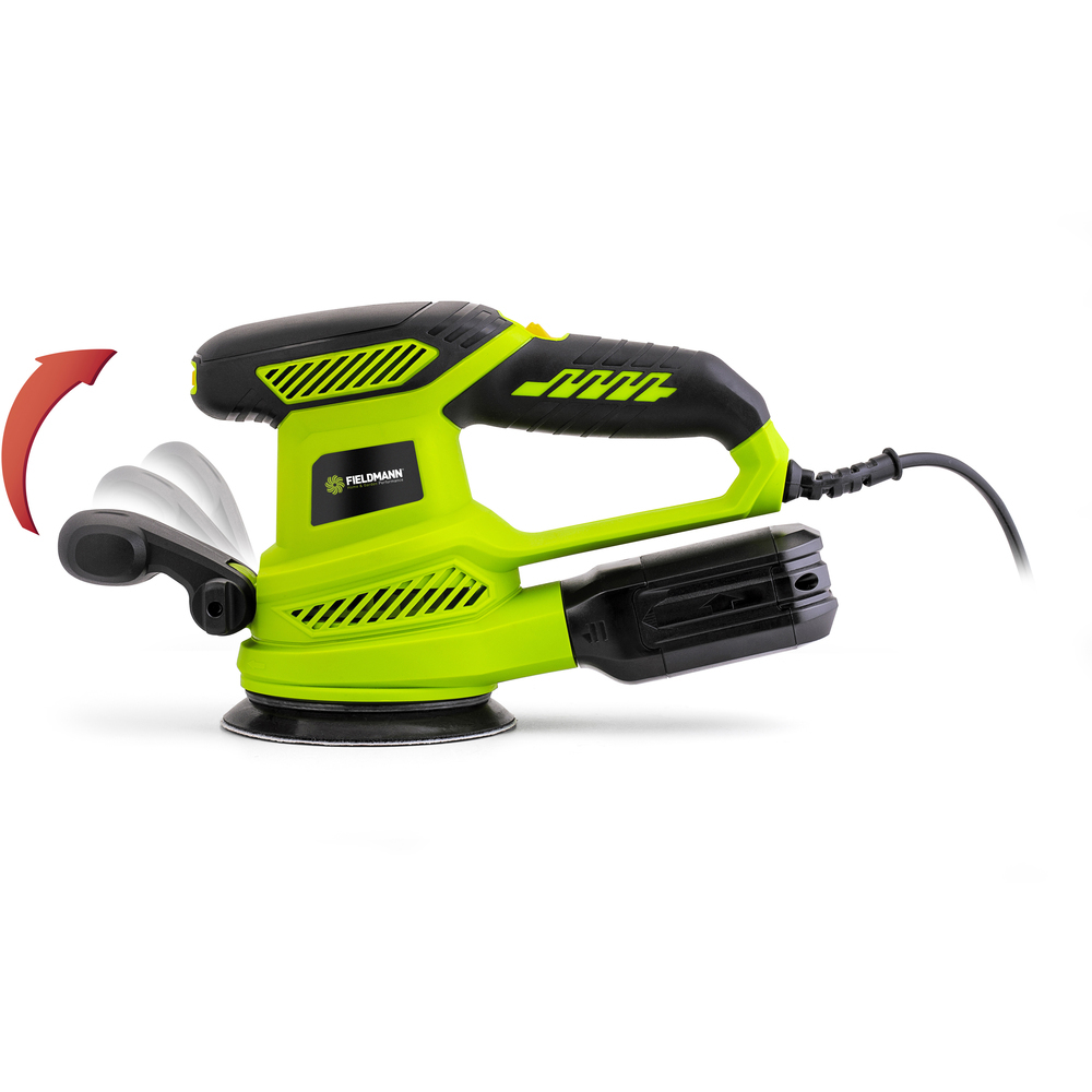 Zielona i czarna szlifierka ze strzałką ruchu, na białym tle.