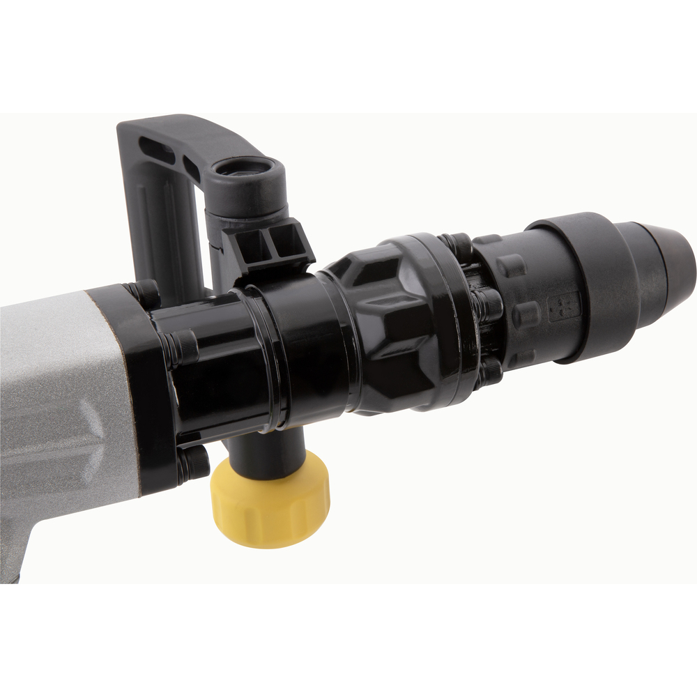 Zbliżenie przodu młota wyburzeniowego z czarnymi i szarymi częściami oraz żółtym pokrętłem.