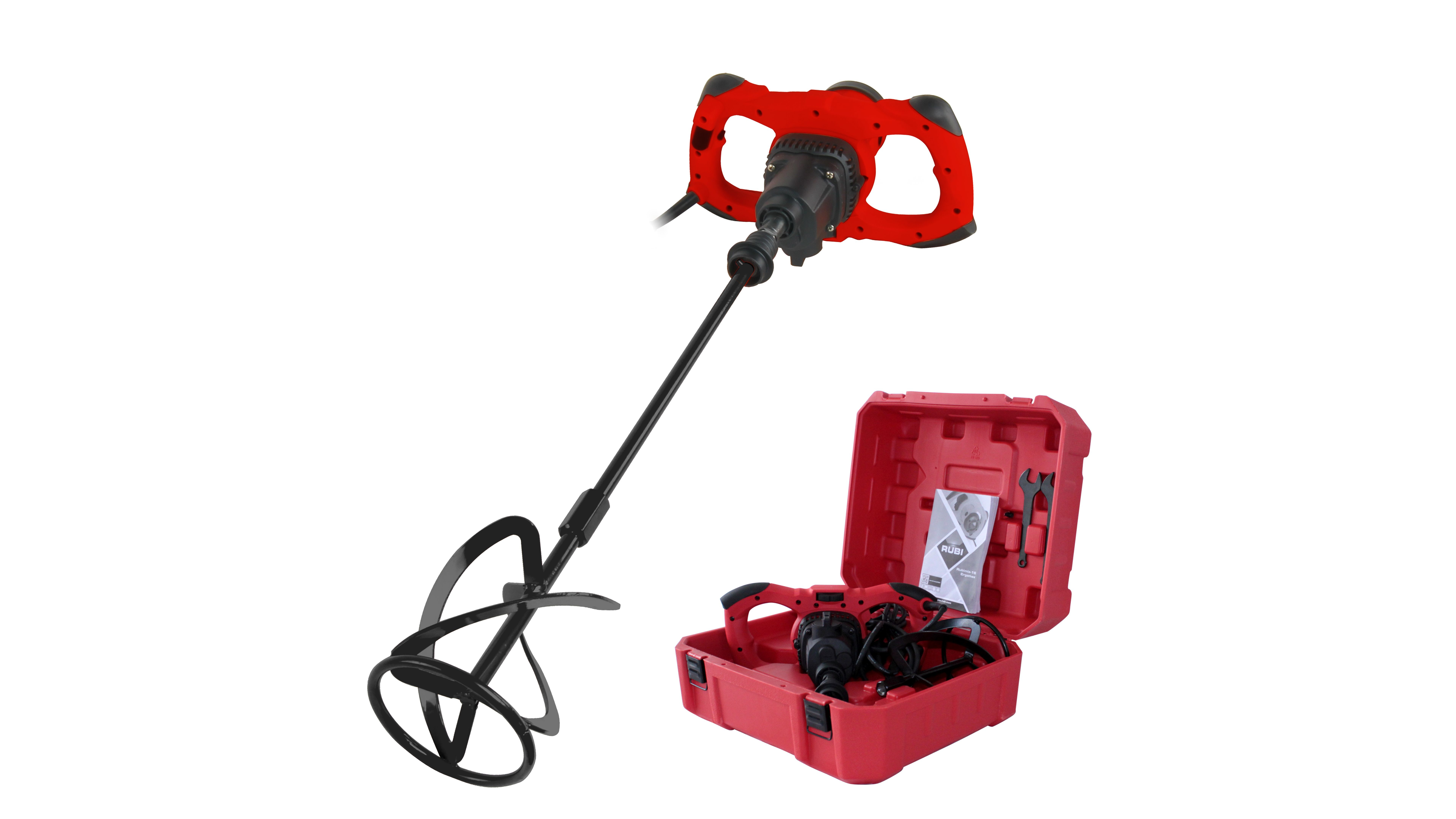 Un miscelatore elettrico rosso con un accessorio di miscelazione nero e una custodia rossa, su sfondo bianco.