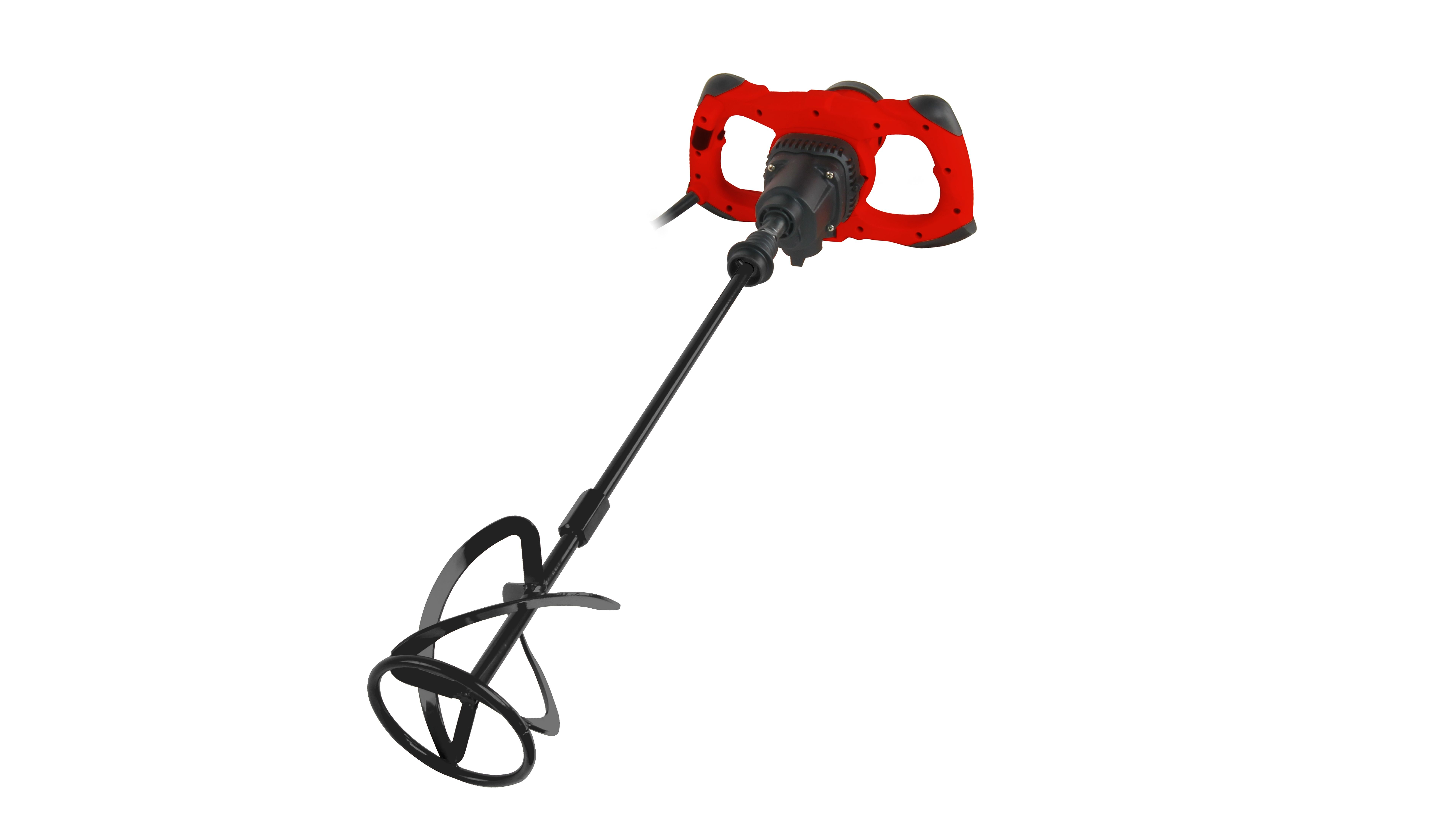 Miscelatore elettrico rosso con un accessorio di miscelazione nero su sfondo bianco. Il miscelatore ha maniglie.