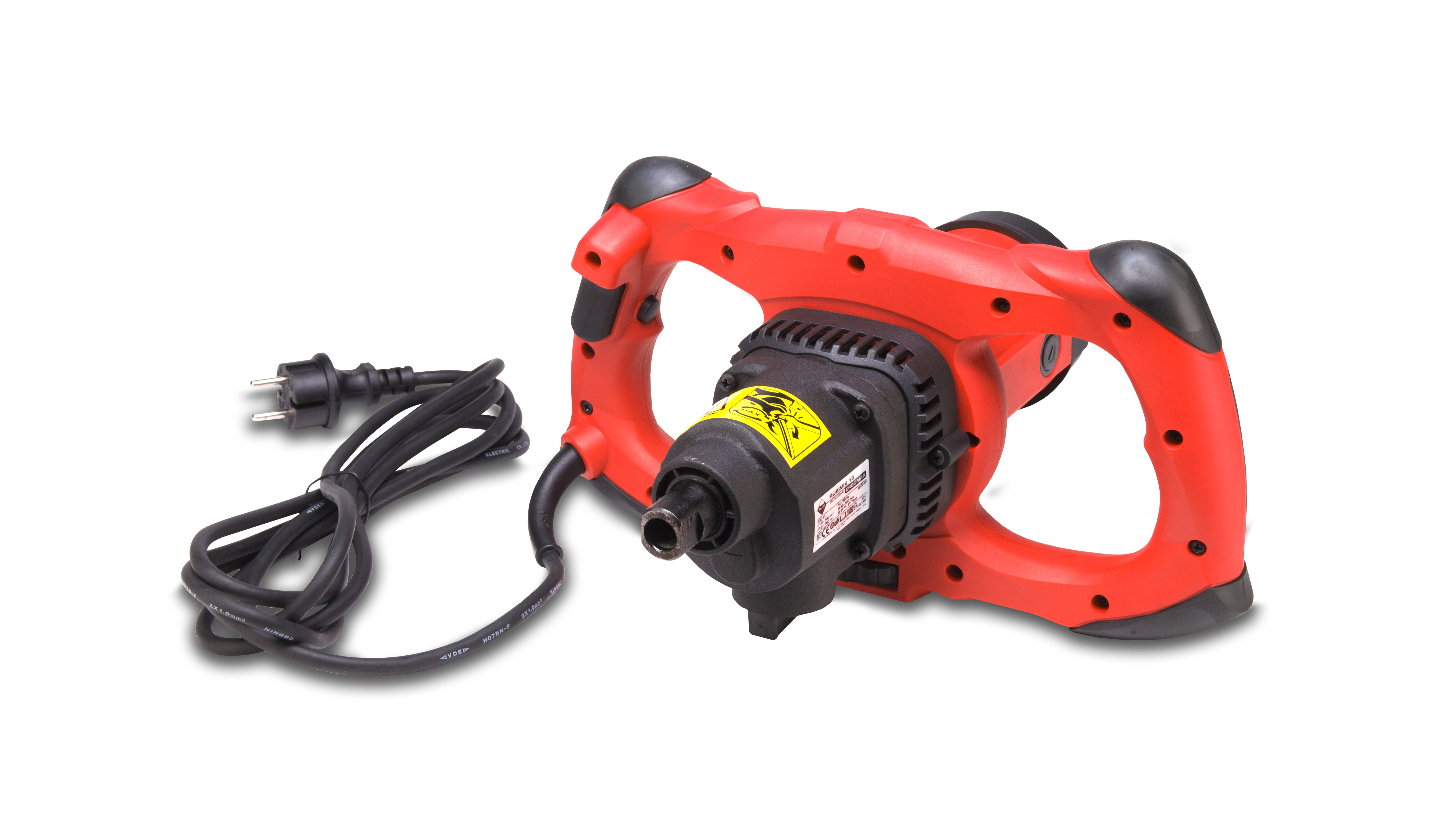 Miscelatore elettrico rosso con accessorio di miscelazione nero e cavo di alimentazione nero su sfondo bianco.