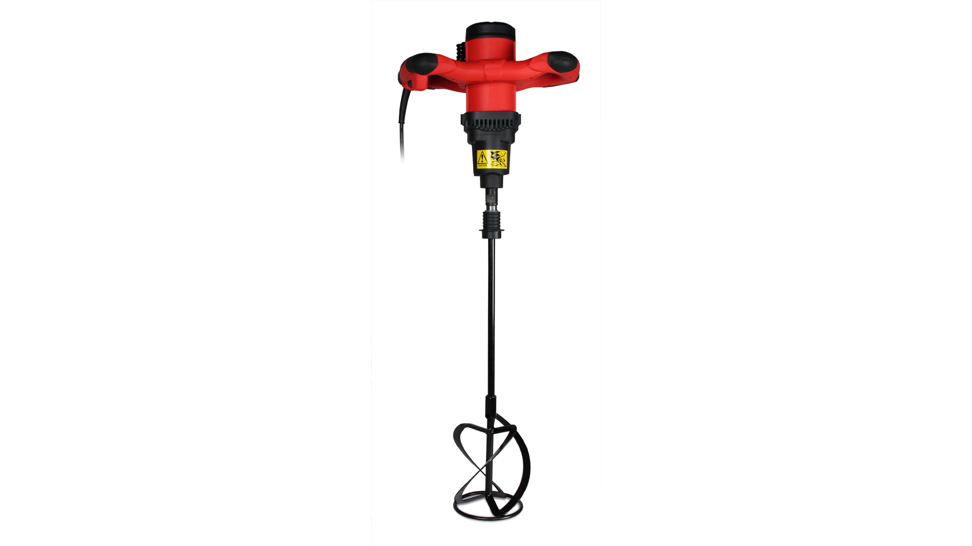 Miscelatore elettrico rosso con un accessorio di miscelazione nero, su sfondo bianco. Il miscelatore è in piedi.