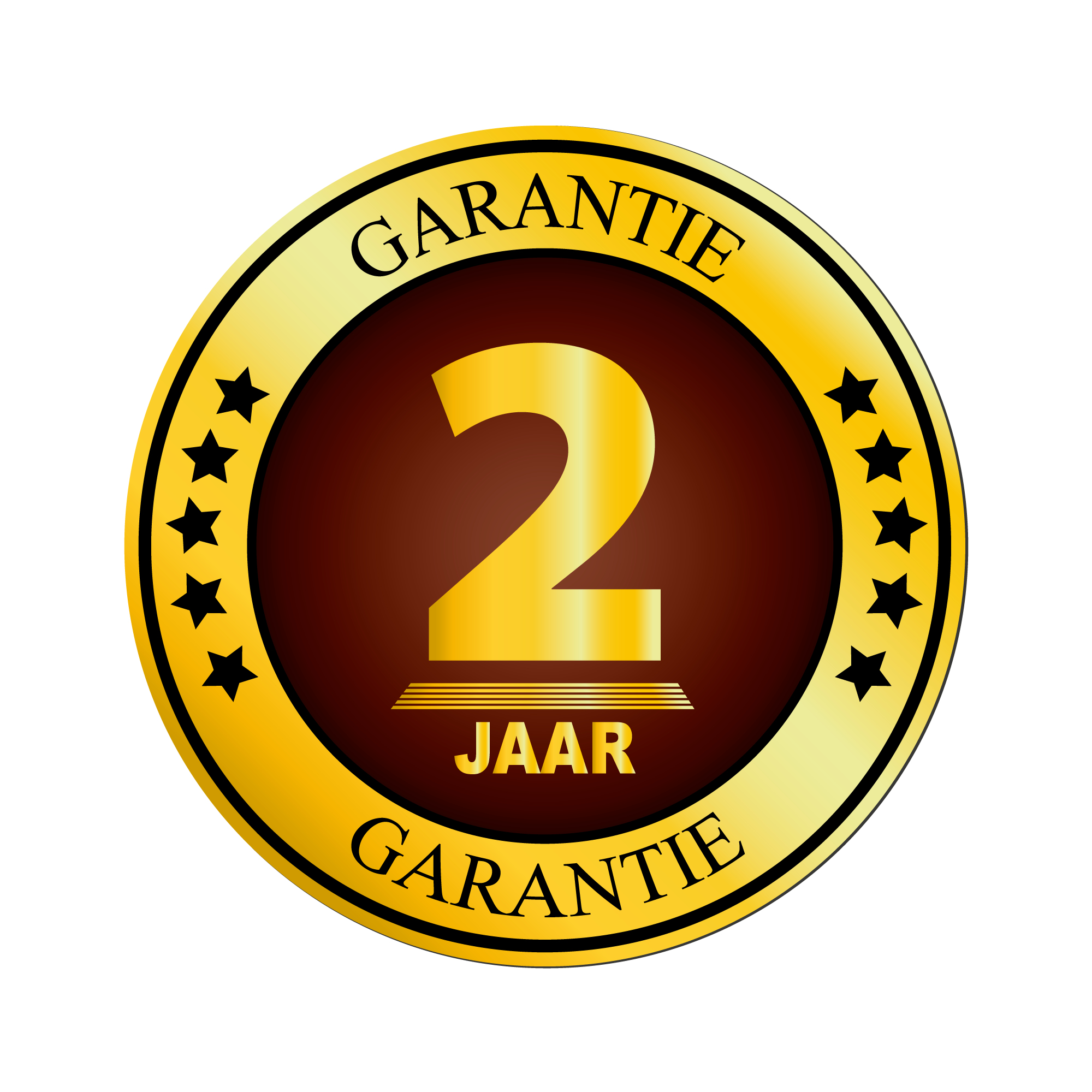 Ein goldenes Siegel mit dem niederländischen Text 'GARANTIE 2 JAAR GARANTIE'.