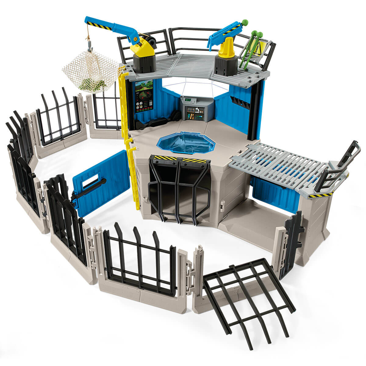Ein Dinosaurier-Forschungszentrum-Spielset mit einem umzäunten Bereich, einem Käfig und einem Kran.