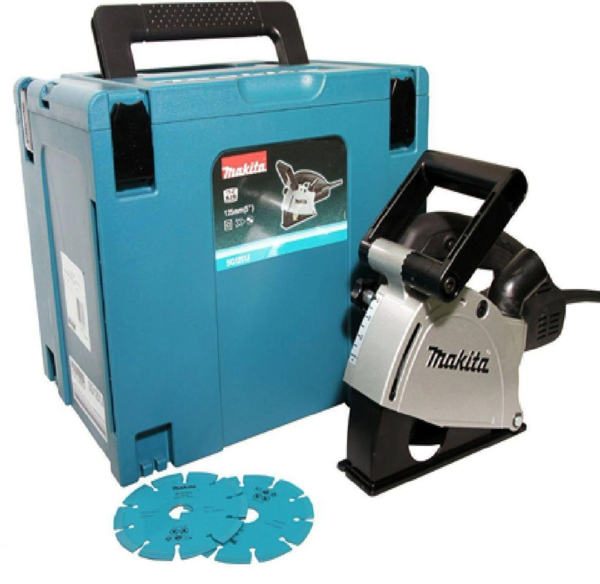 Tagliatrice per calcestruzzo Makita blu e nera con una cassetta degli attrezzi blu su sfondo bianco. Lame visibili.