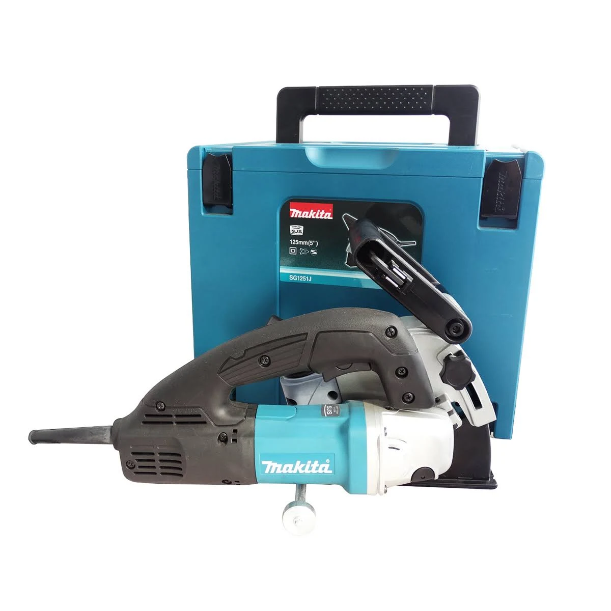 Kit di attrezzi Makita con una scatola turchese. L'utensile è nero e grigio. Sfondo bianco.