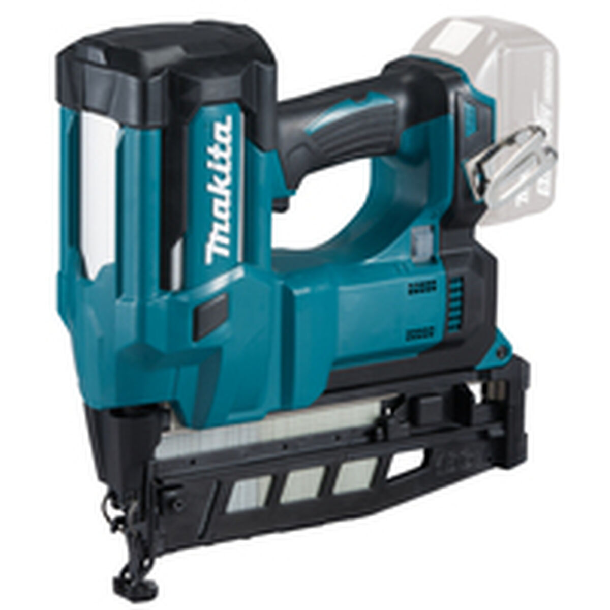 Makita tacker, teal en zwart, met accu. Witte achtergrond.