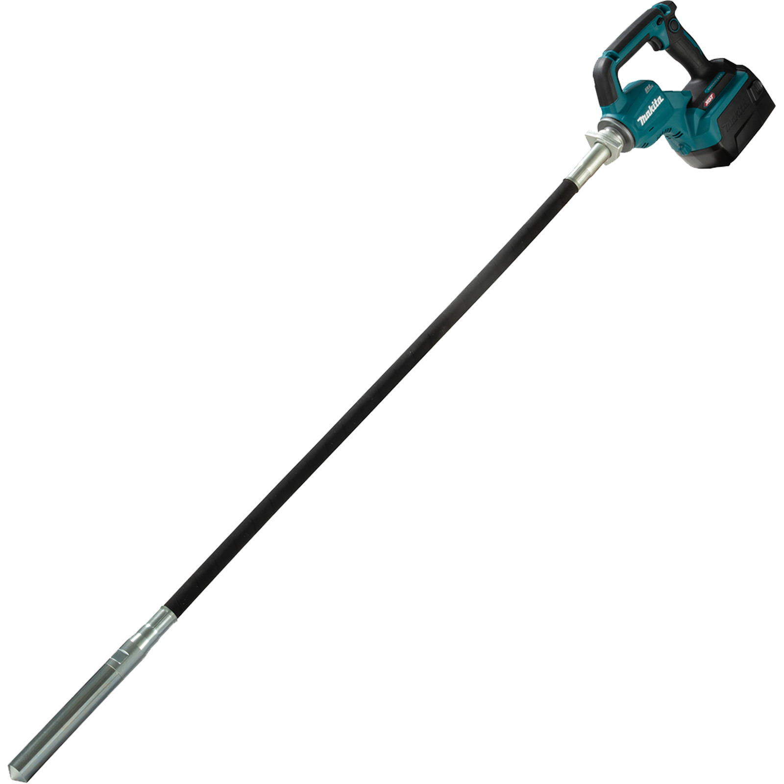 Un vibratore per calcestruzzo Makita turchese e nero. Ha un lungo albero nero con una testa vibrante argentata e una batteria.