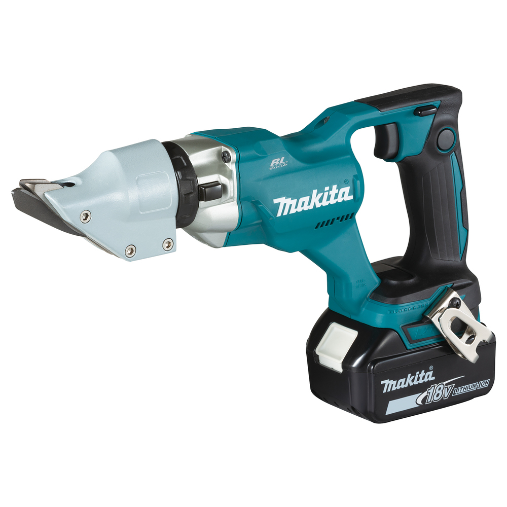 Una cesoia per metalli Makita blu e nera con batteria nera.