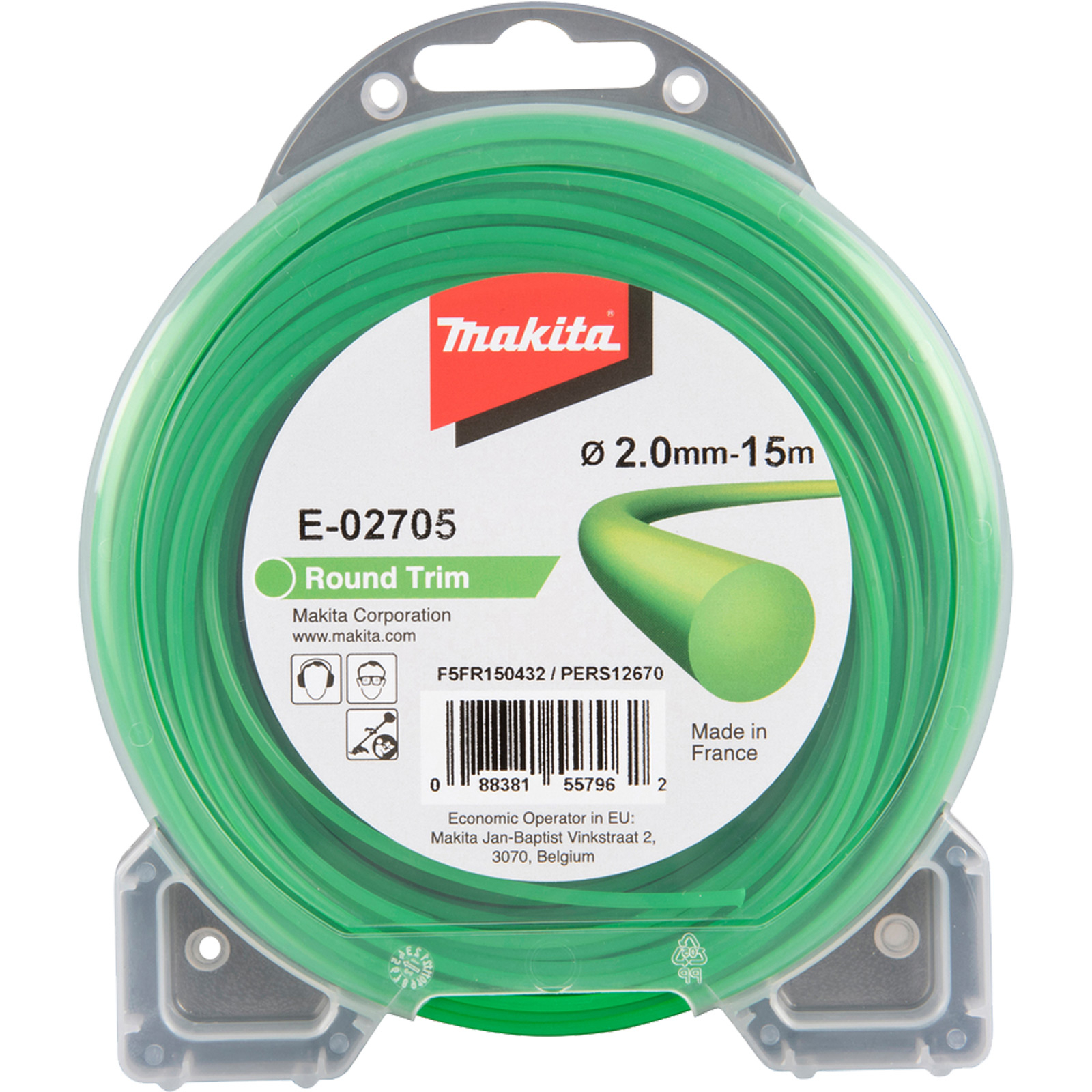 A round green Makita trimmer line spool, with a green label indicating the product name, size, and manufacturing country.