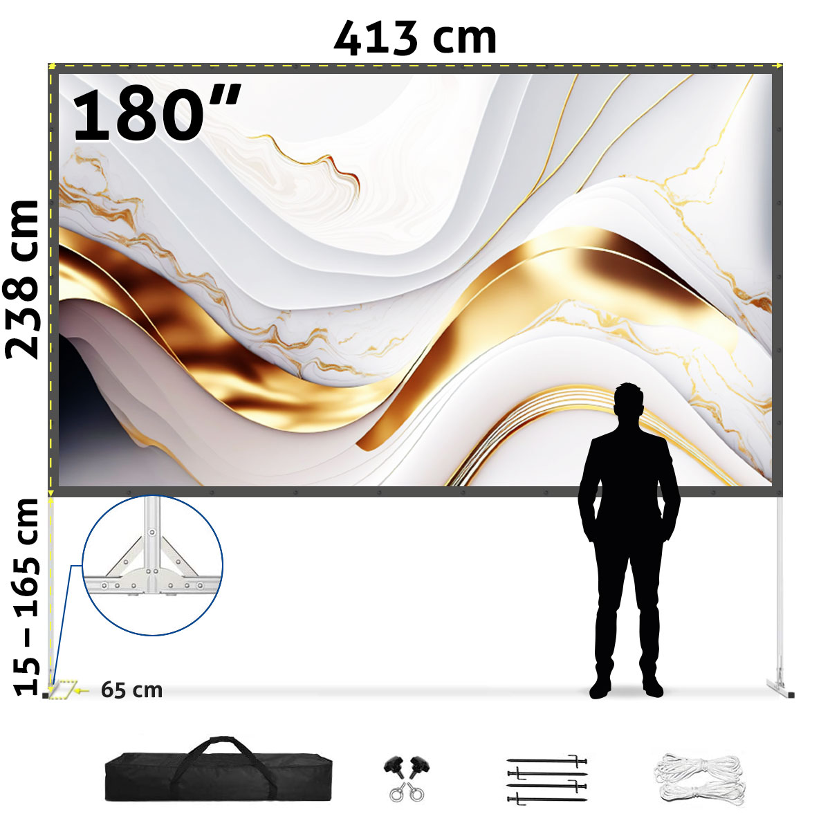 Eine große Projektionsleinwand mit goldenem und weißem abstraktem Design, mit einer Person daneben.