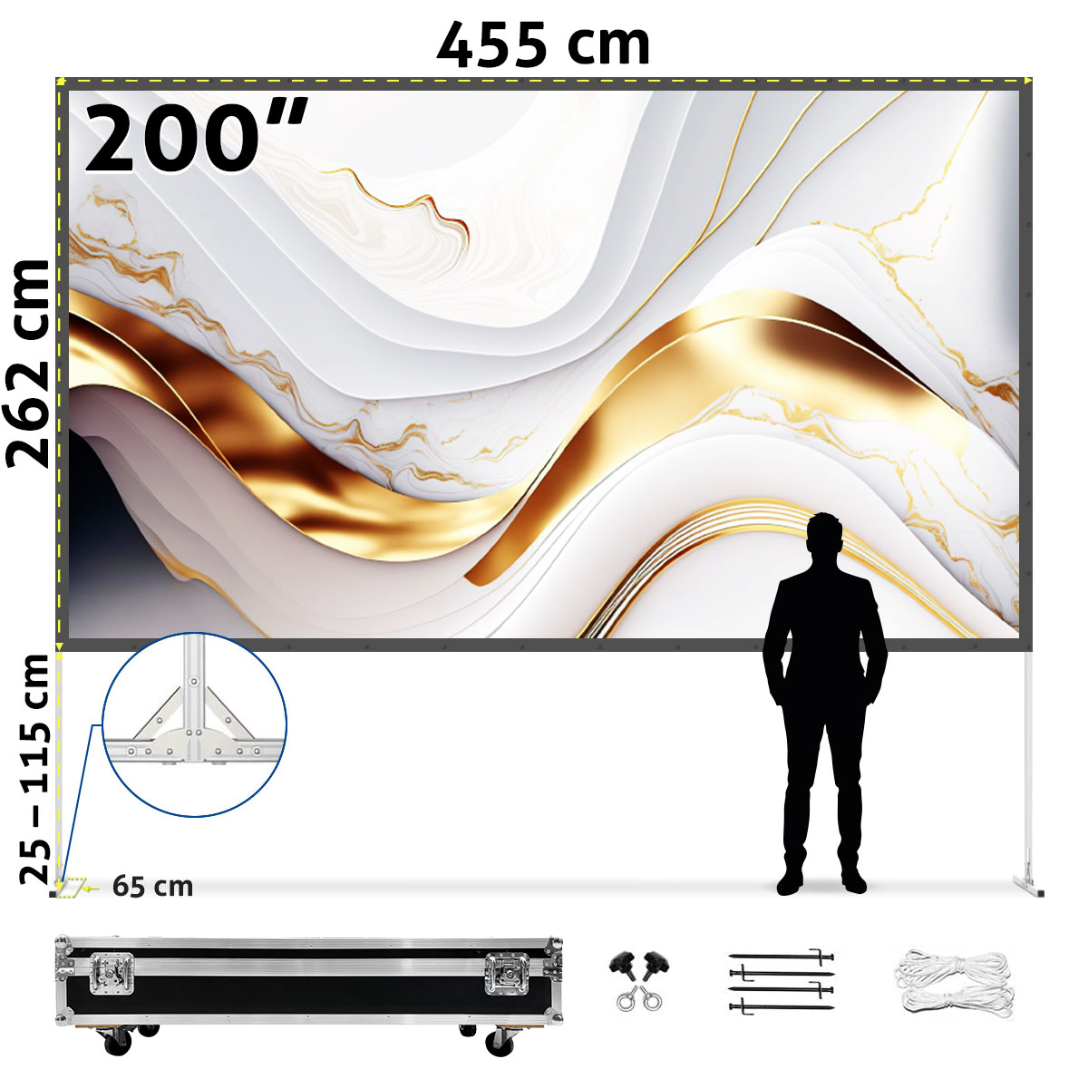Eine große weiße Projektionsleinwand mit goldenen Akzenten, eine Personensilhouette und Abmessungen in cm und Zoll.