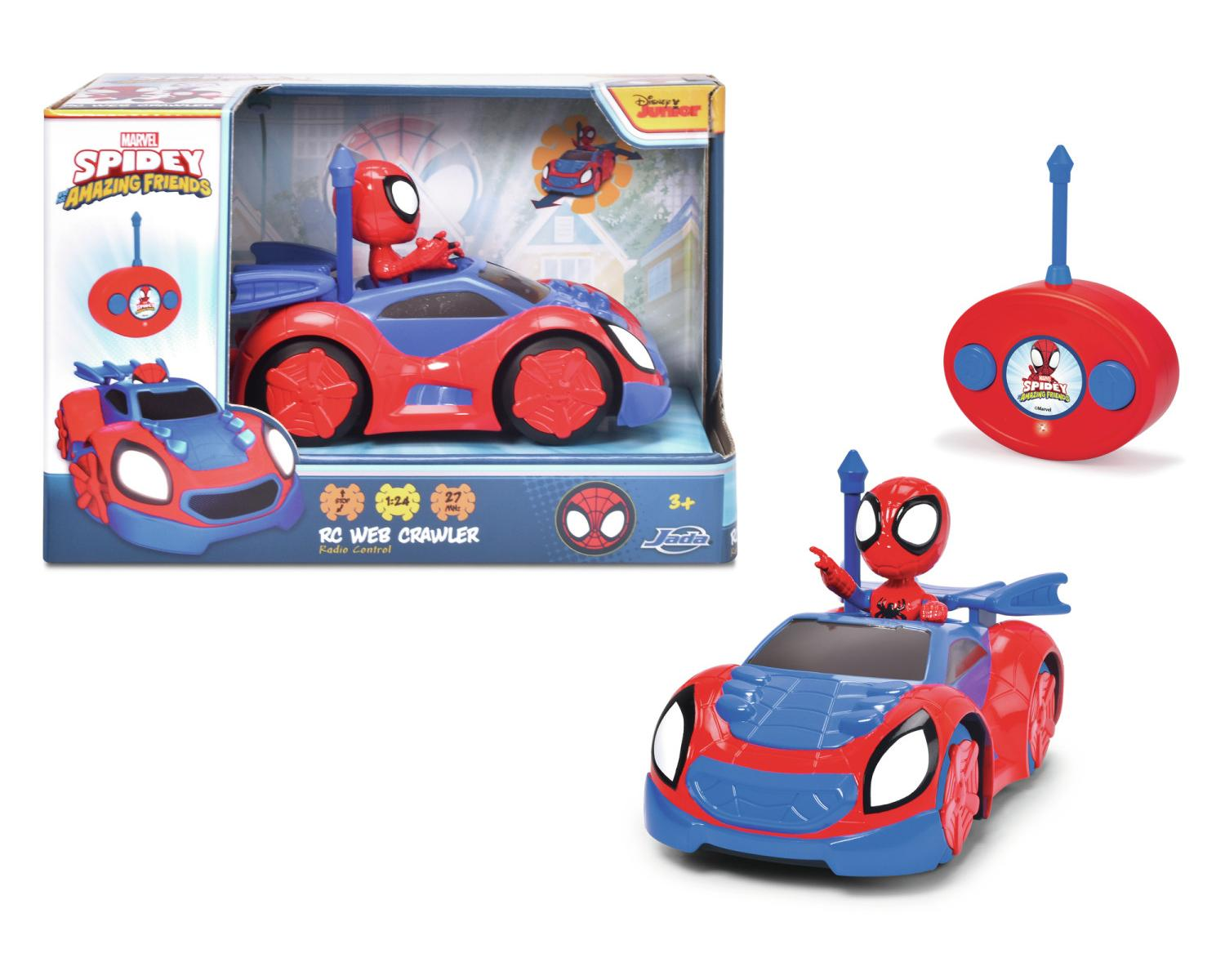Zabawkowy samochód Spidermana z pilotem. Samochód jest czerwono-niebieski.