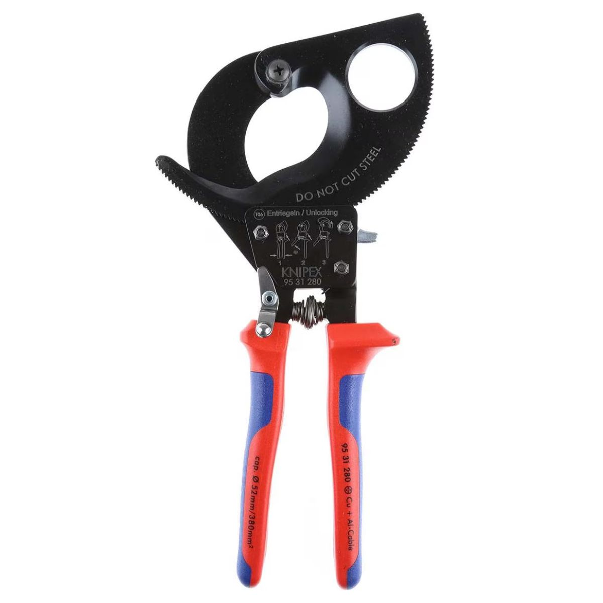 Large black and silver cutter with red and blue handles. DO NOT CUT STEEL written on it.