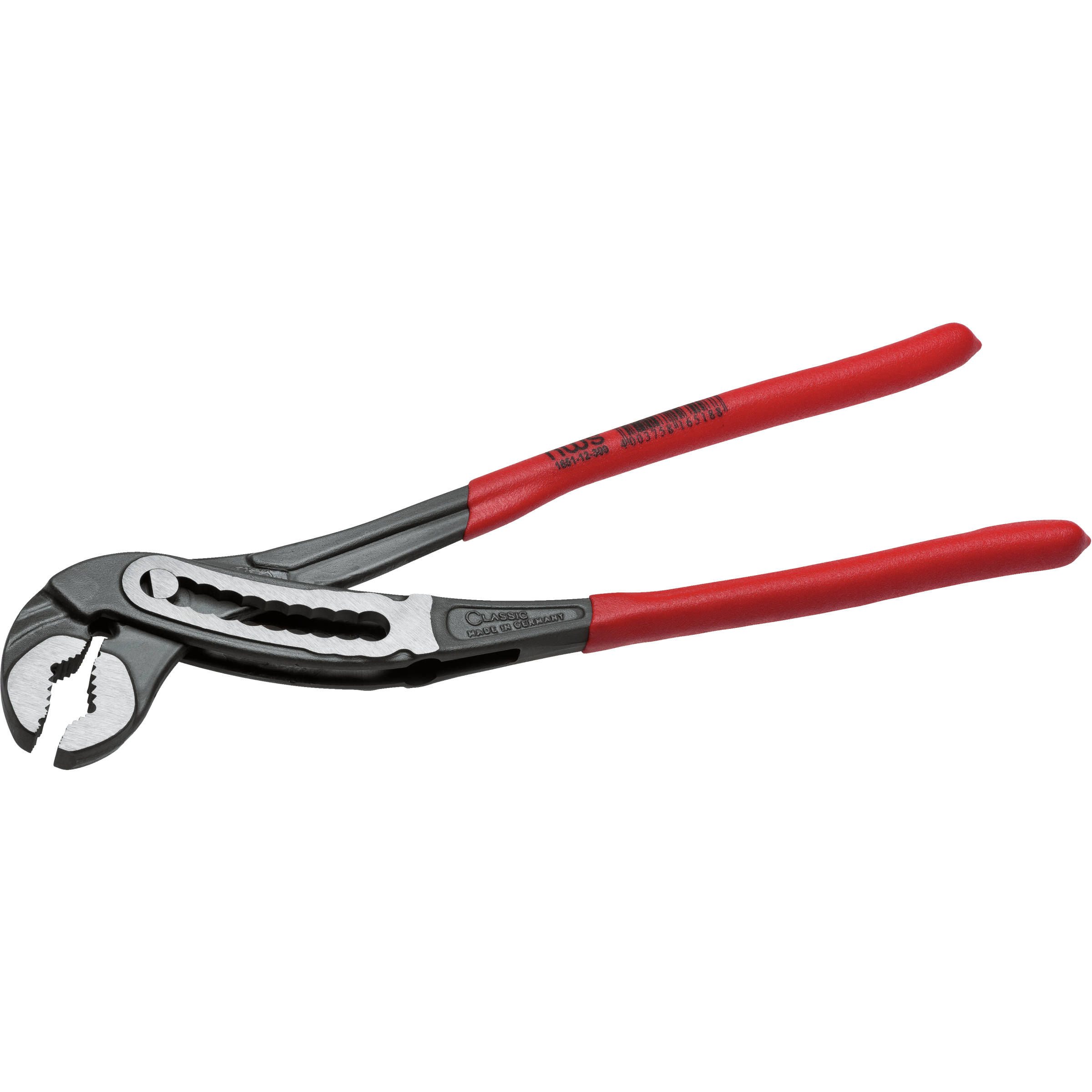 Zange mit roten Griffen. Graue Metallbacken. Weißer Hintergrund. Made in Germany.