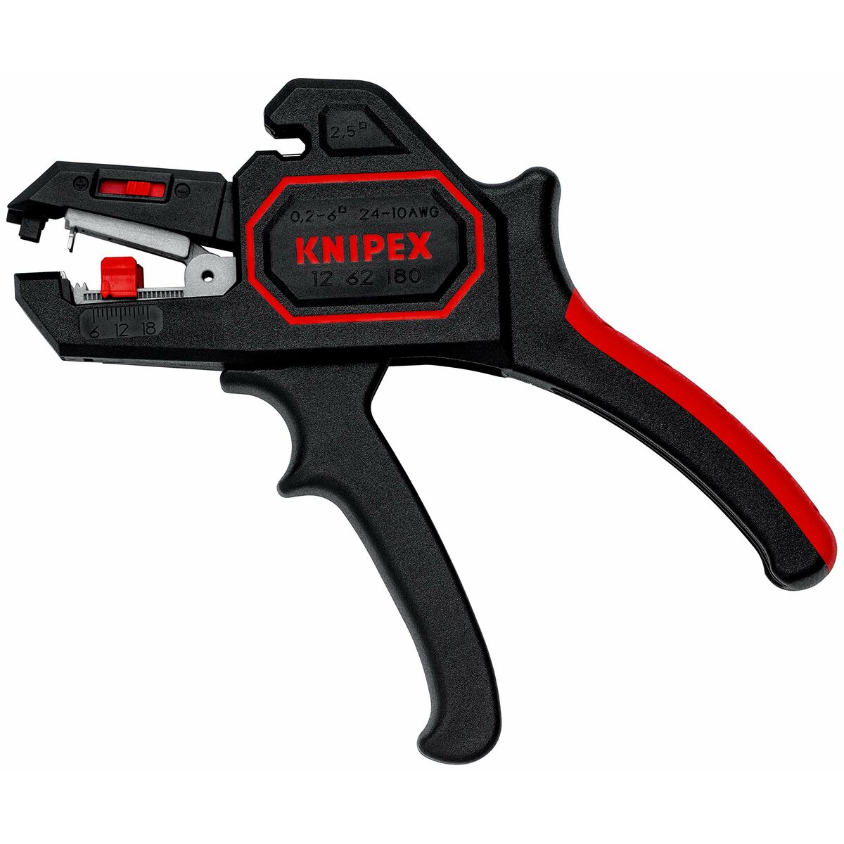 Black and red Knipex wire stripper. Black handles, red accents. White background.