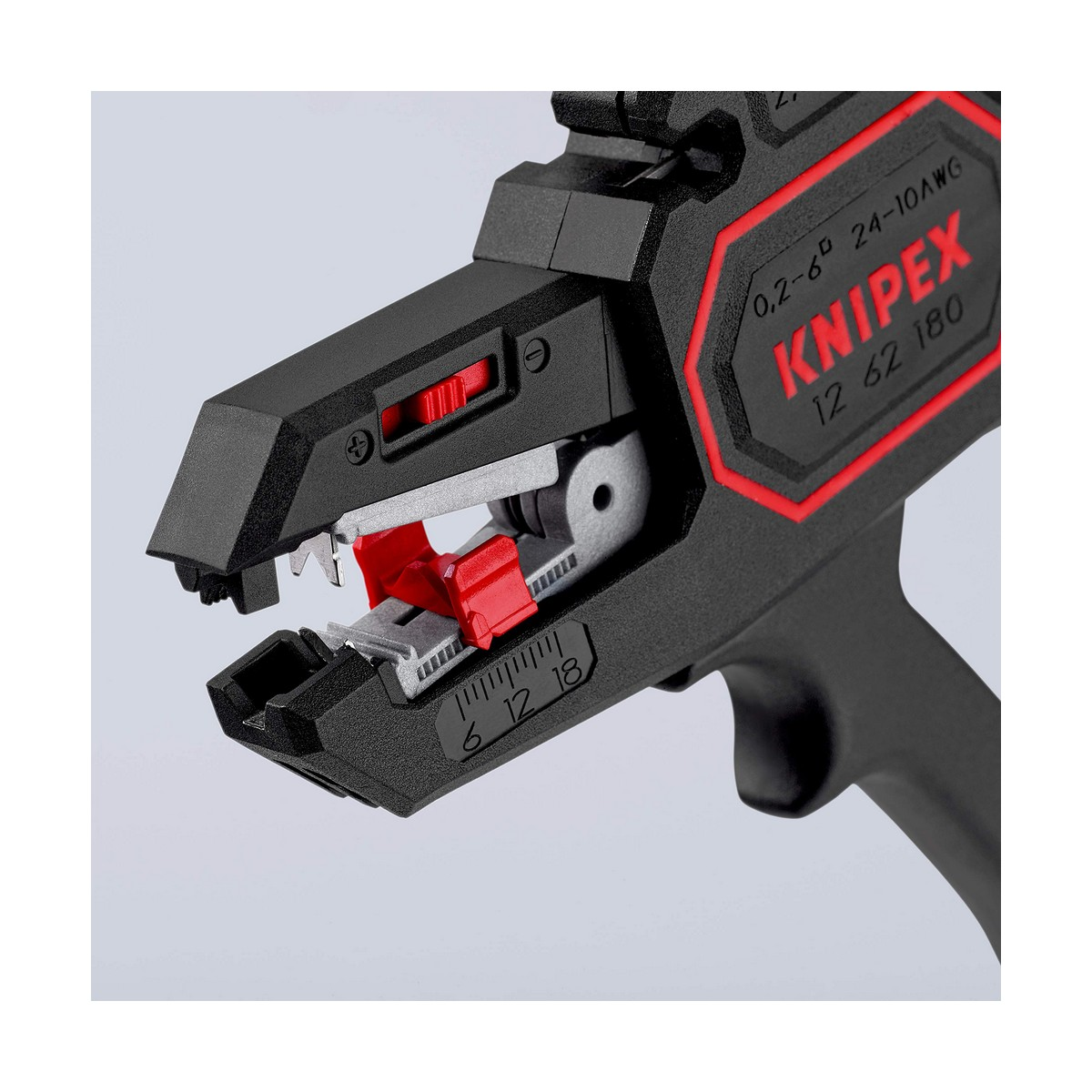 Close-up of a Knipex wire stripper. Black and red with a red slider. White background.