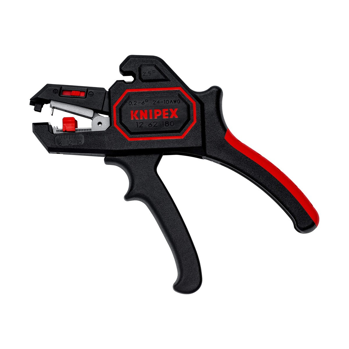Pelacables Knipex con mangos rojos y negros. La herramienta se utiliza para pelar cables.