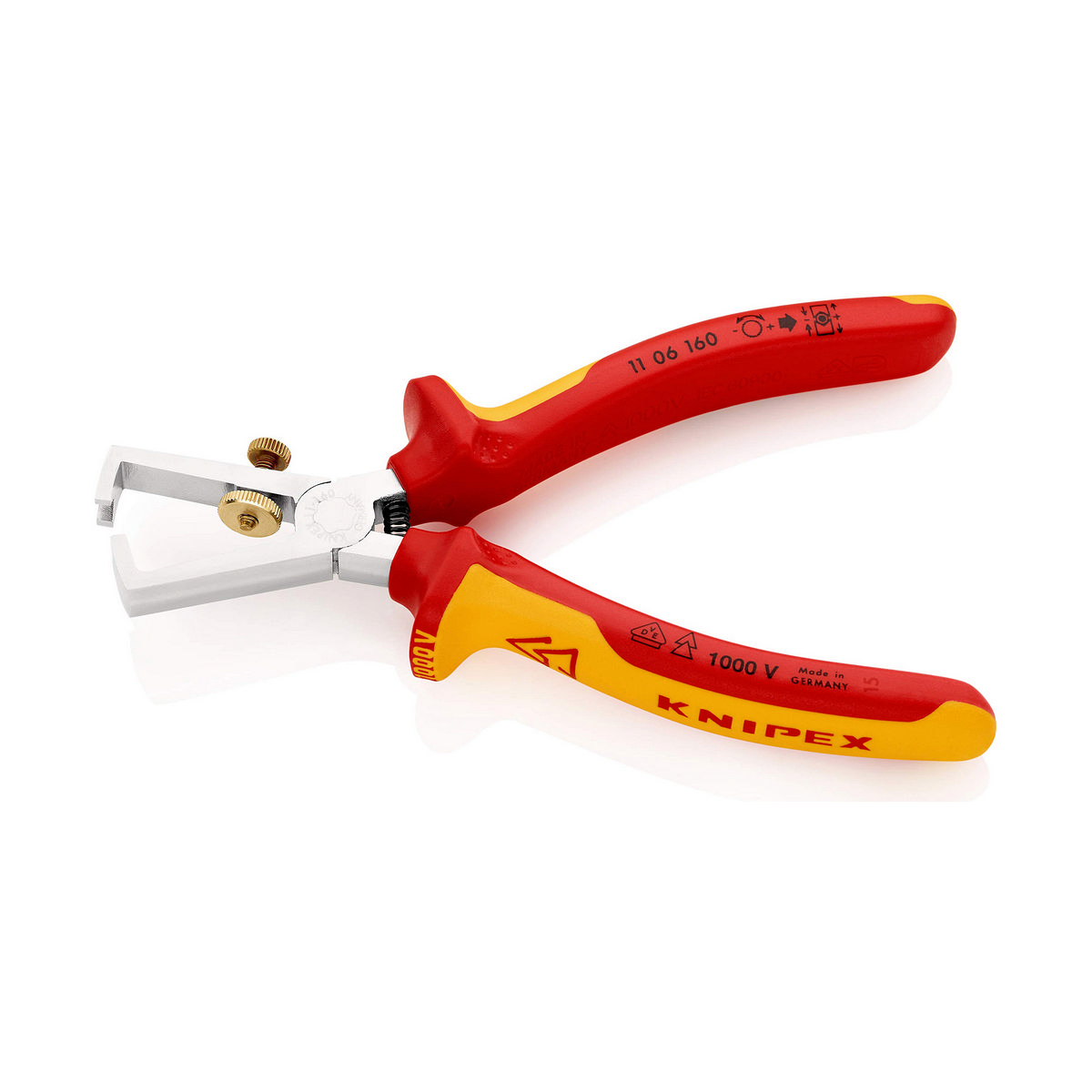 Pelacables Knipex con mangos rojos y amarillos. La herramienta se usa para pelar cables.