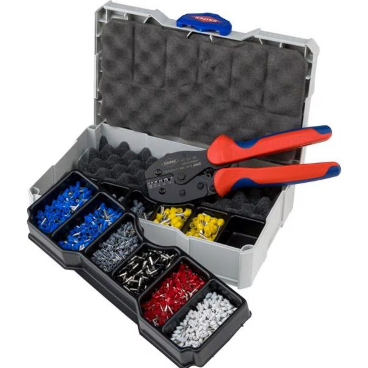 Toolbox with crimping tool and terminals. The toolbox has containers with blue, grey, and red terminals.