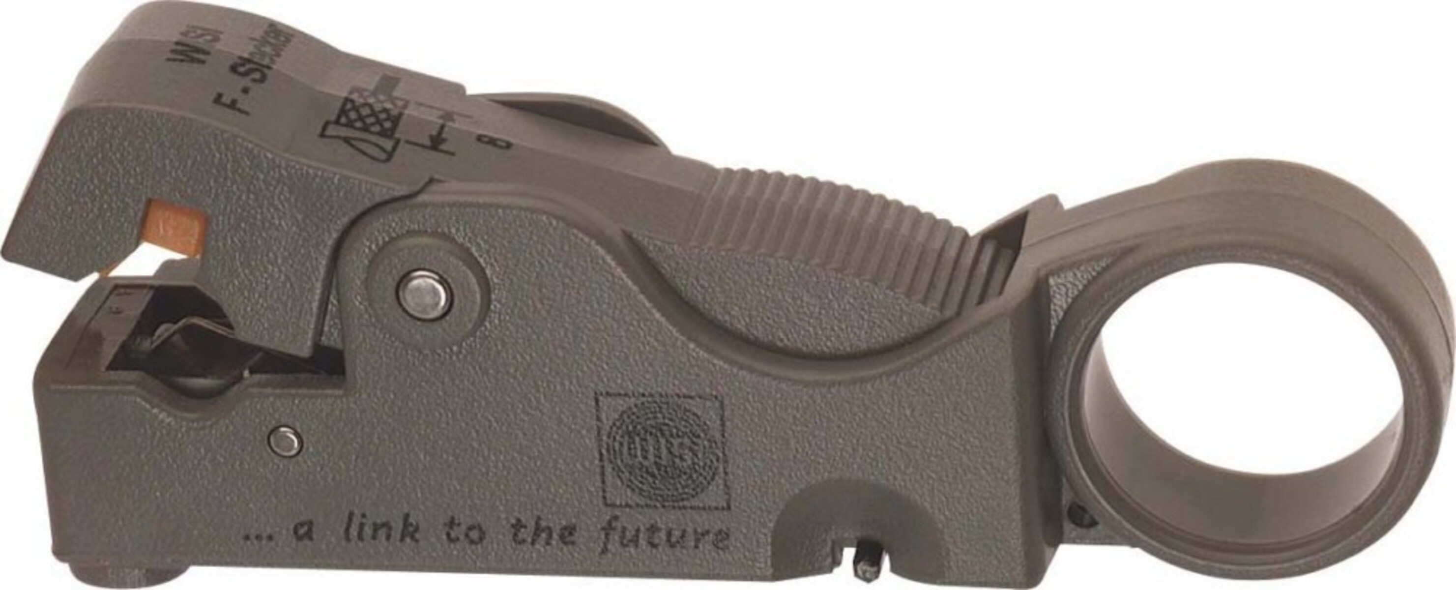 Ciemnoszara ściągacz izolacji z czarnym uchwytem i pętlą. Tekst "a link to the future". Białe tło.