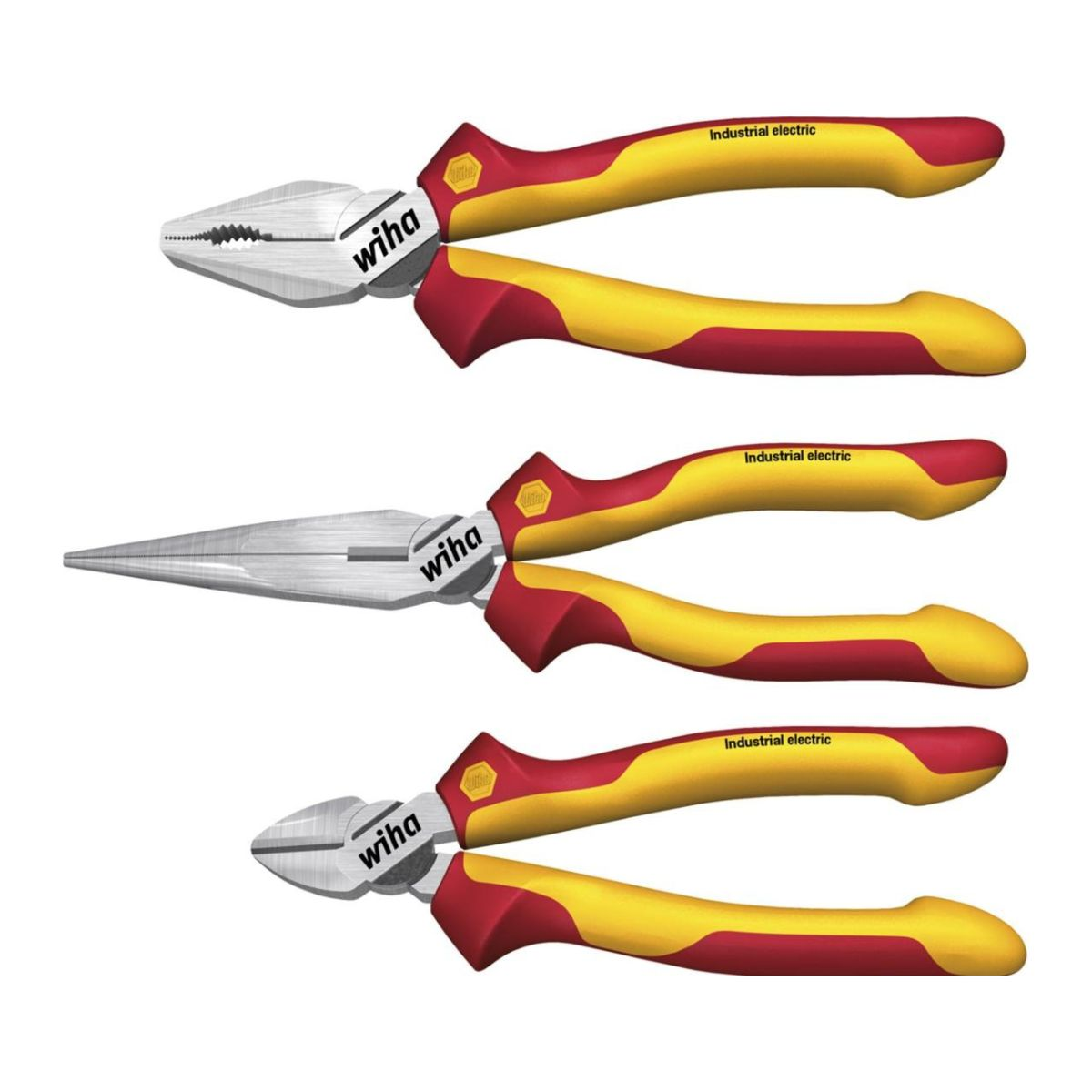 Zestaw szczypiec elektrycznych przemysłowych Wiha z czerwono-żółtymi uchwytami.