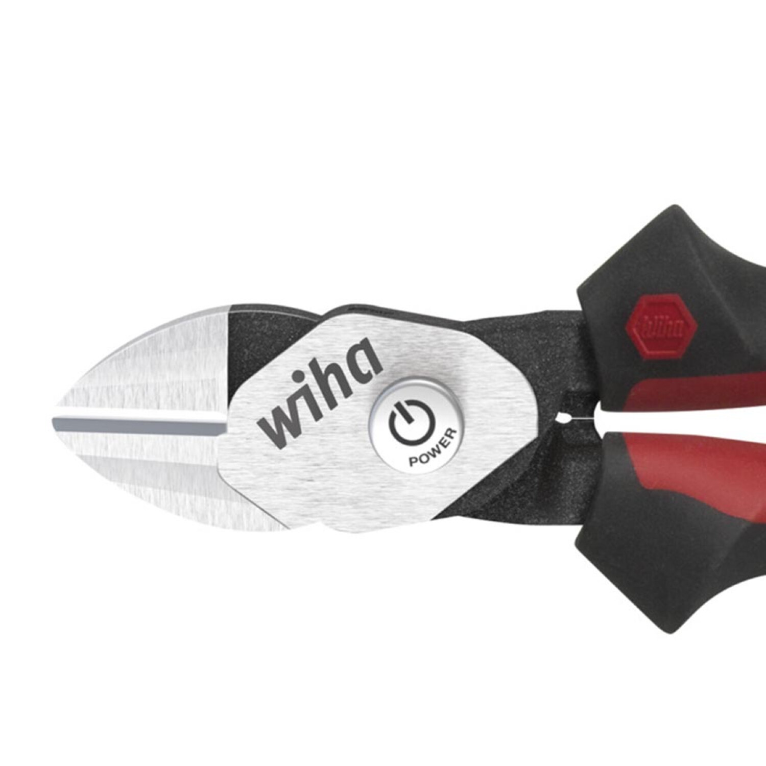 Zbliżenie ostrza obcinaka przemysłowego Wiha. Ma przycisk zasilania. To srebrne ostrze i czarny uchwyt.