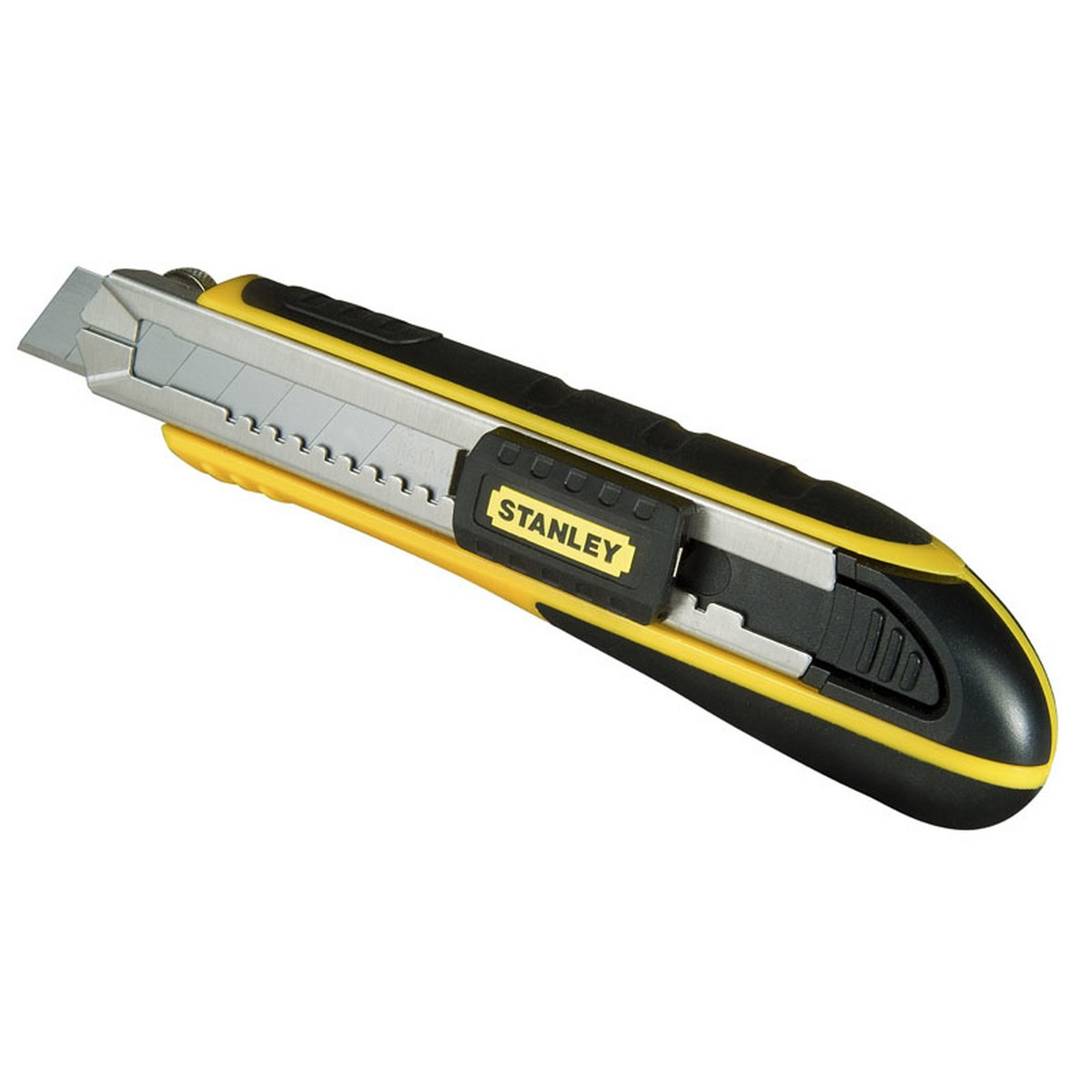 Gelbes und schwarzes Stanley-Cuttermesser auf weißem Hintergrund. Klinge ist silber.