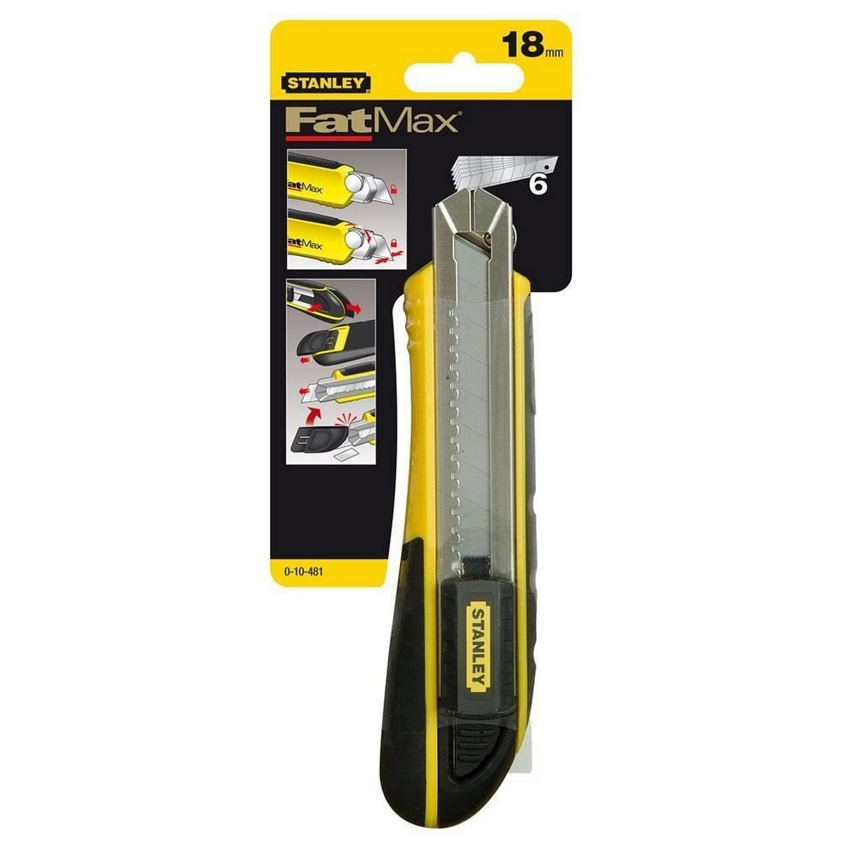 Stanley FatMax Cuttermesser in Verpackung, auf weißem Hintergrund. Schwarz, gelb und silber.