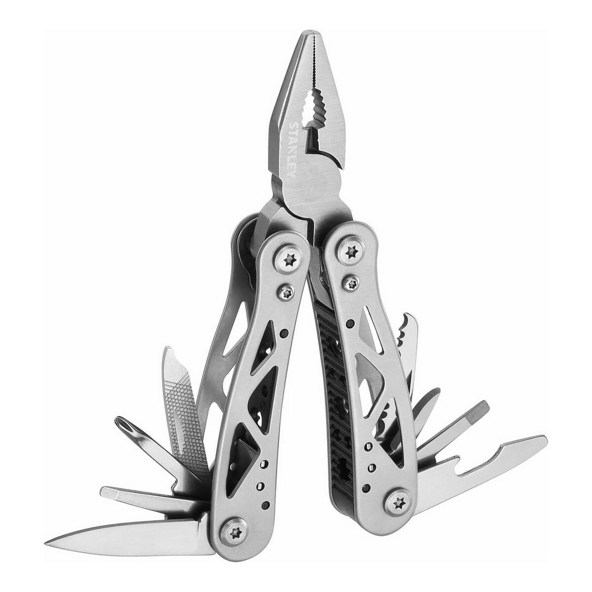 Silbernes Multitool mit Zange, Klingen und anderen Werkzeugen. Weißer Hintergrund.