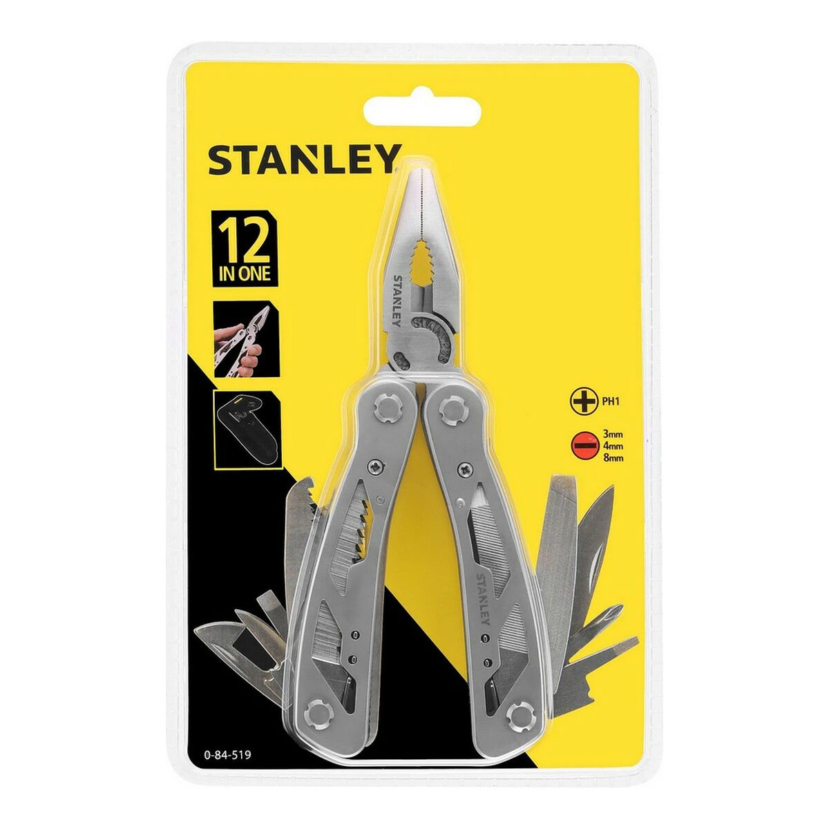 Multitool in Verpackung. Zange, Klingen und andere Werkzeuge. Gelber und weißer Hintergrund.