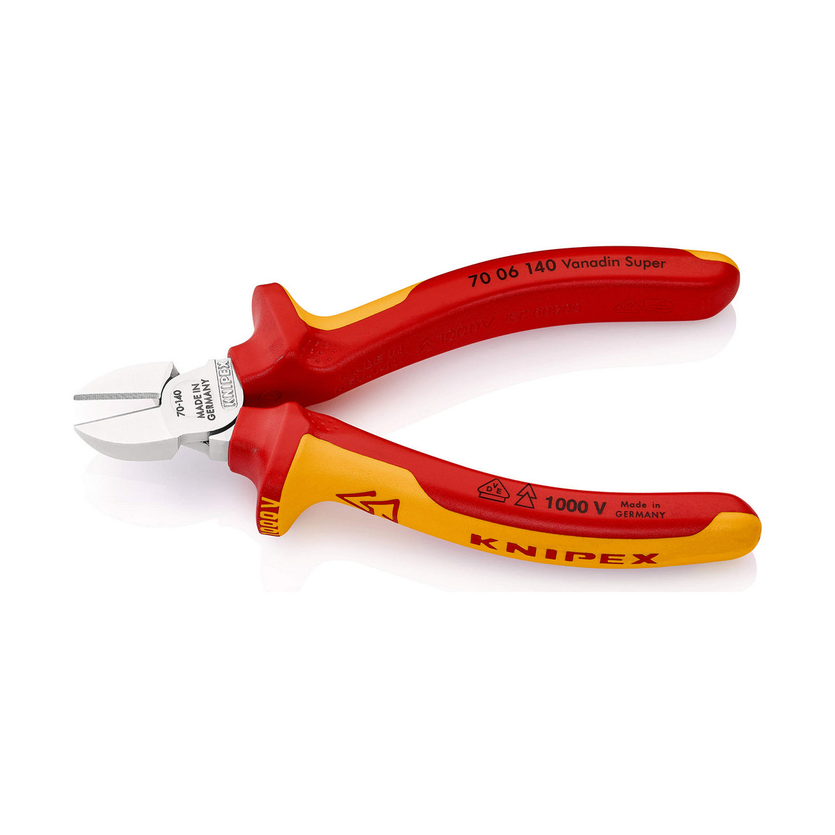 Alicates de corte diagonal Knipex 70 06 140 rojos y amarillos. Para trabajos eléctricos.