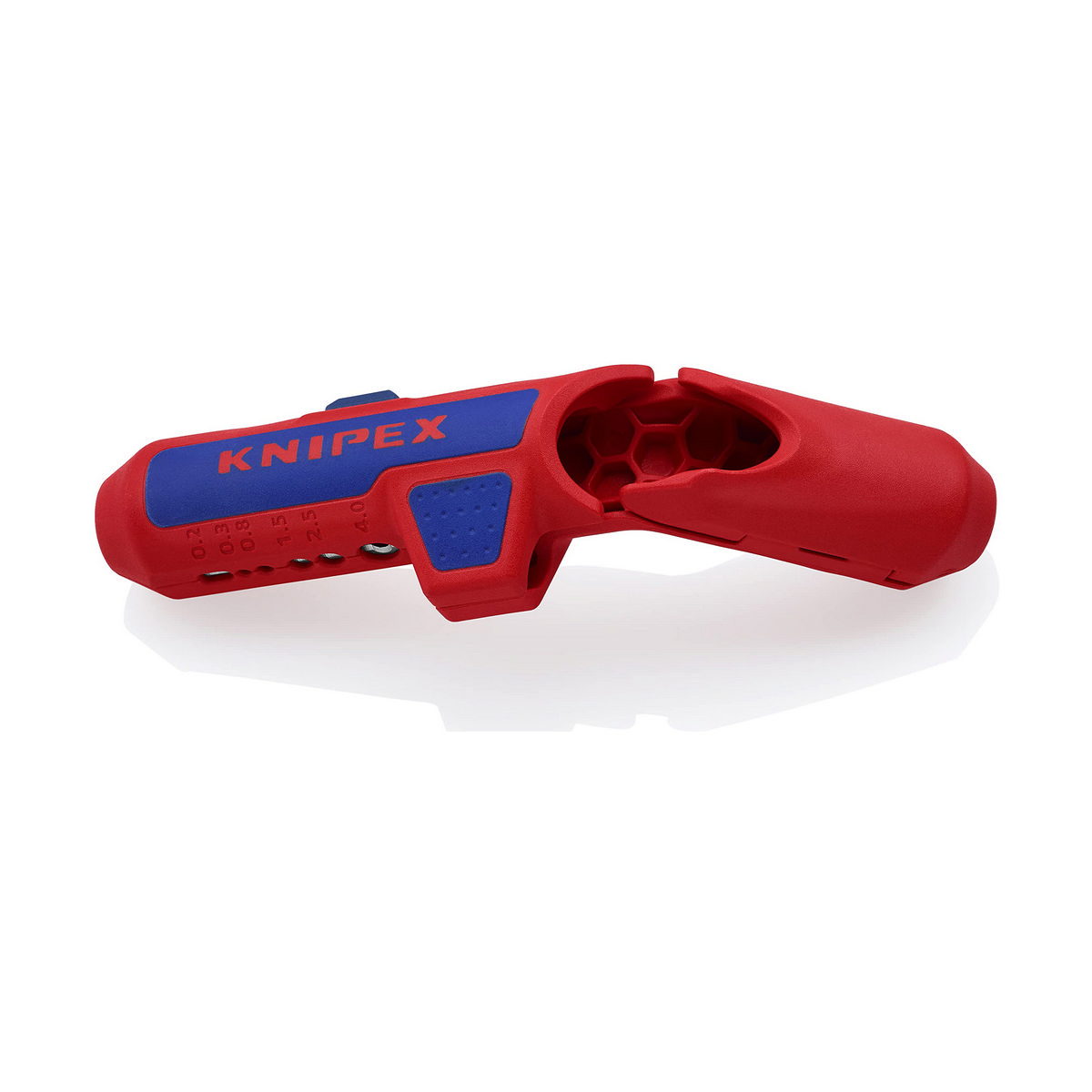 Ściągacz izolacji Knipex. Jest czerwono-niebieski. Tekst mówi Knipex.
