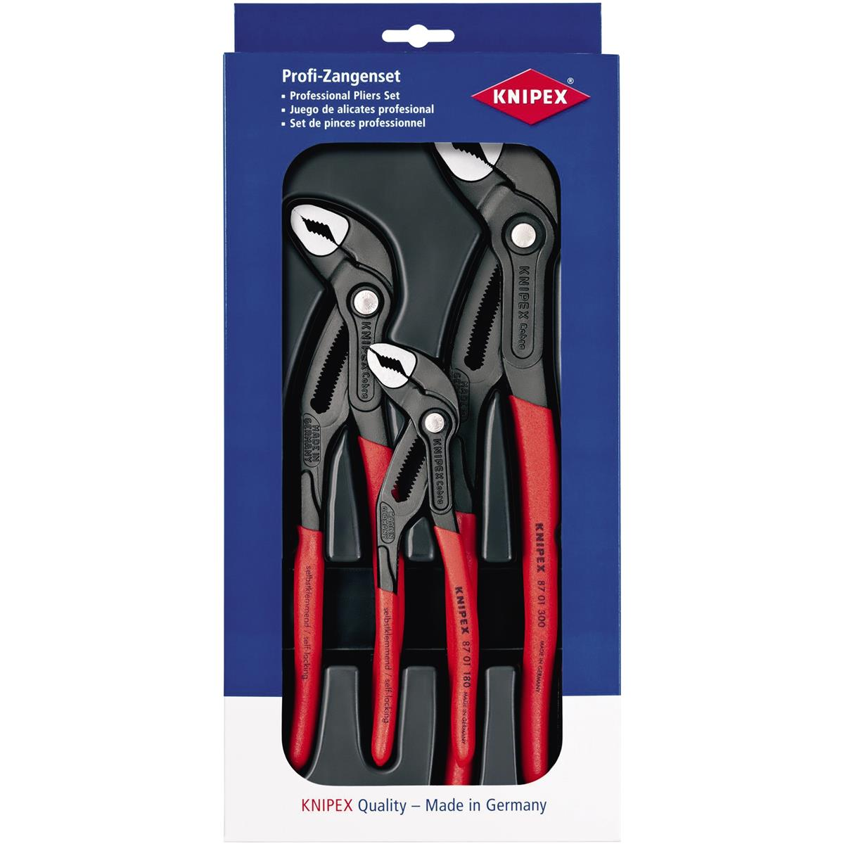 Un ensemble de pinces Knipex dans une boîte. La boîte est étiquetée avec la marque Knipex.