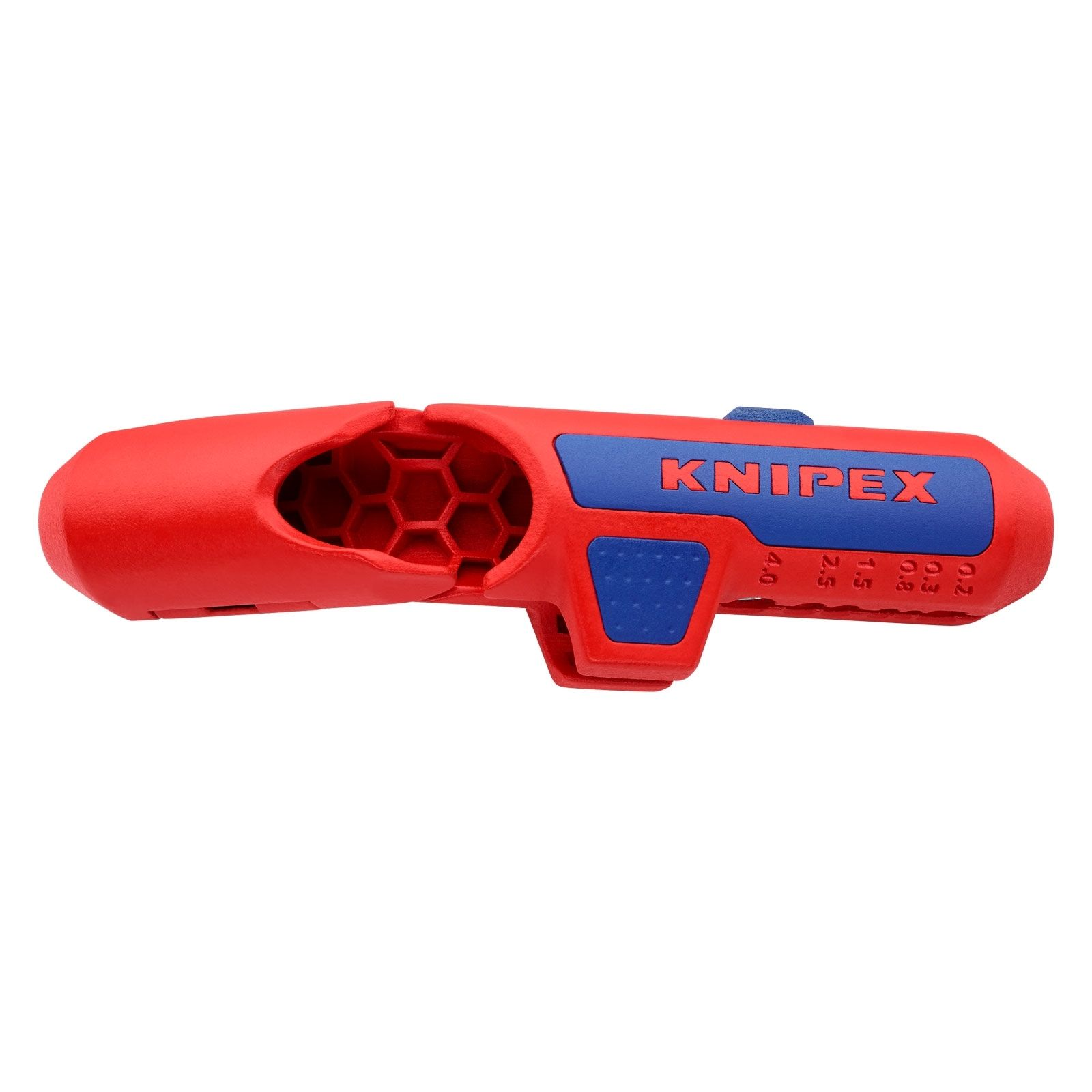 Czerwono-niebieski ściągacz izolacji z marką KNIPEX, na białym tle.